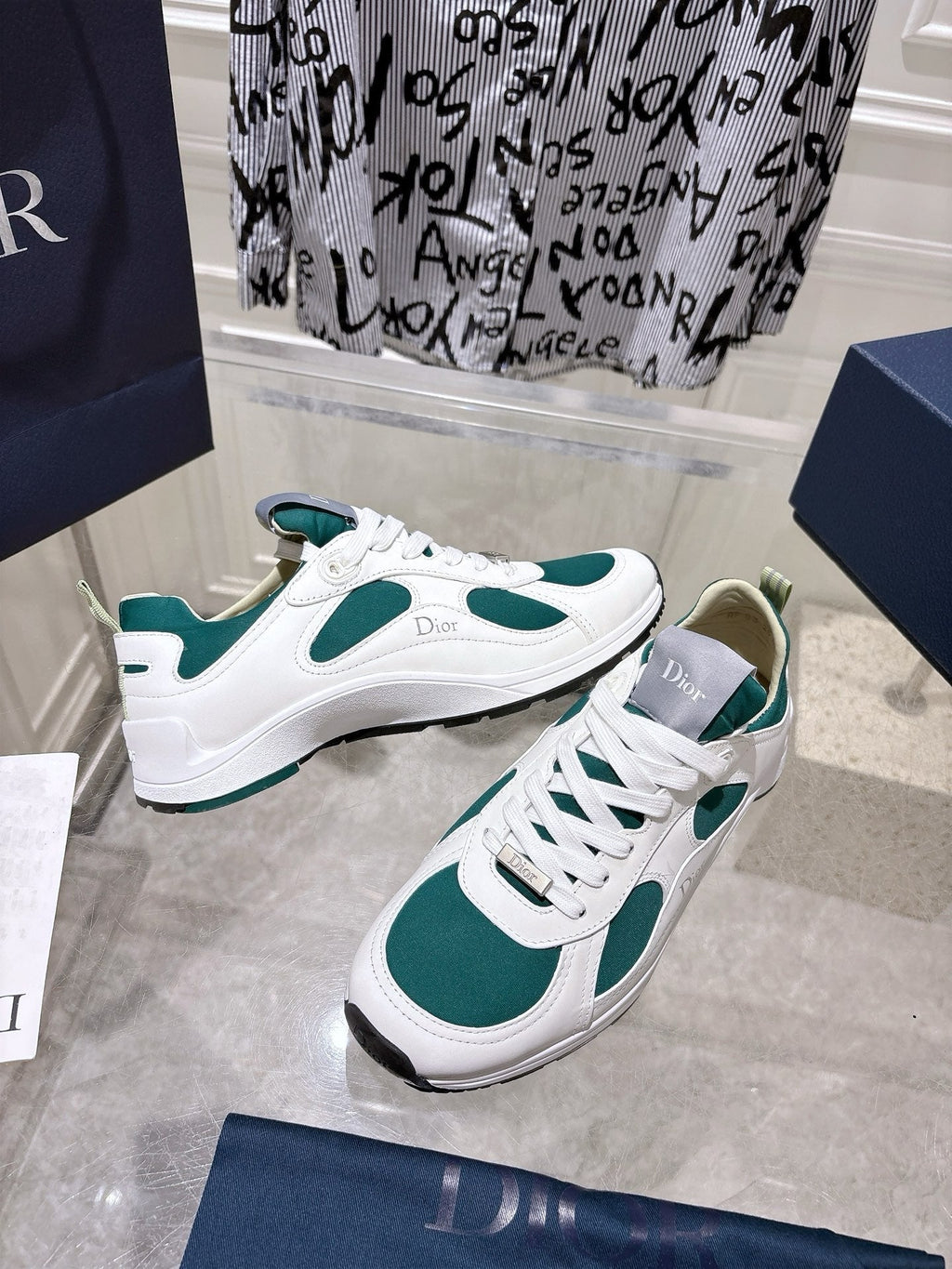 DIOR 25S MILE SERIES SNEAKERS 25MM IN WHITE DARK TEAL CALFSKIN