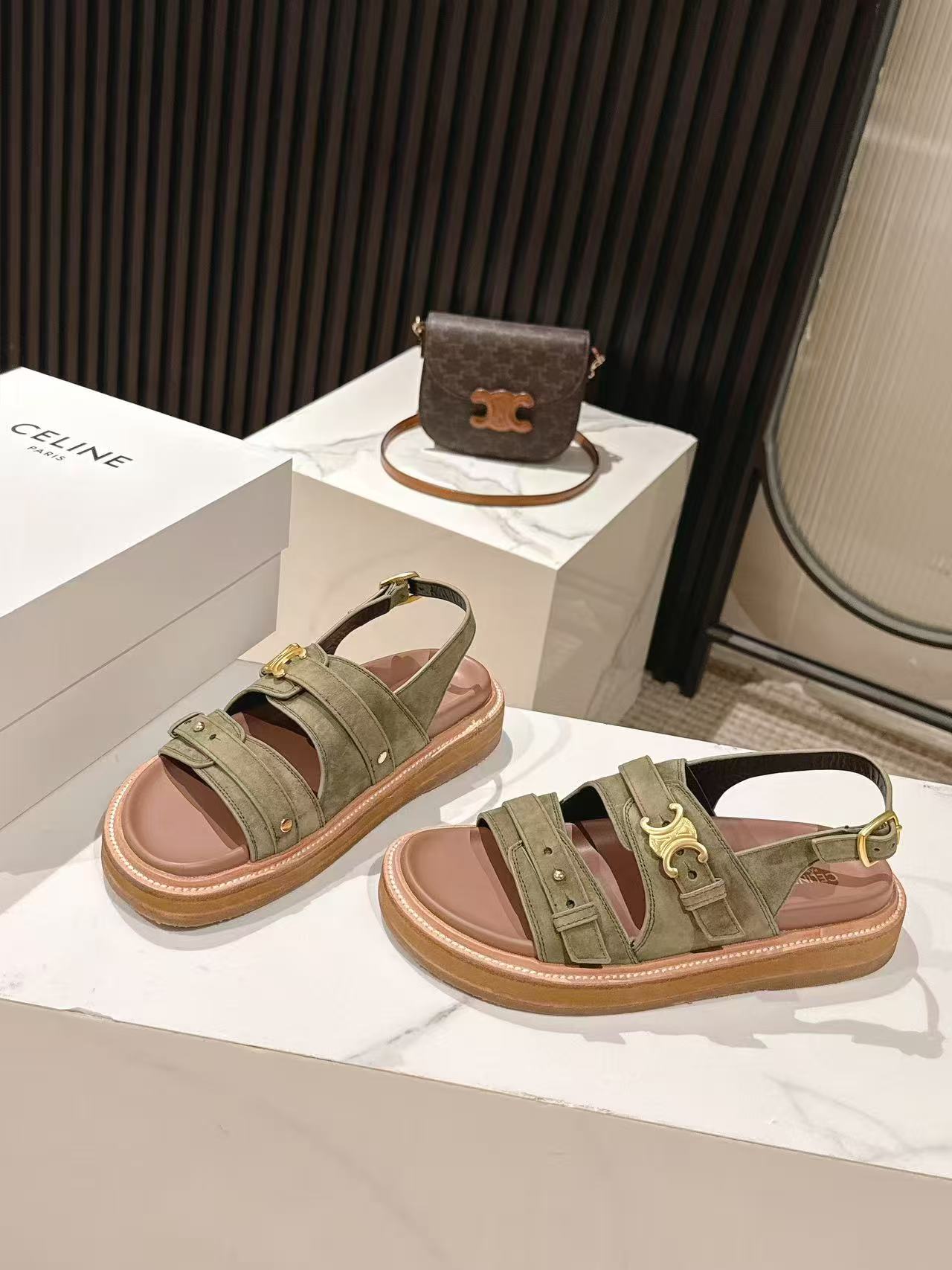 CELINE 25S TIPPI TRIOMPHE SANDAL IN DARK OLIVE CALFSKIN SUEDE