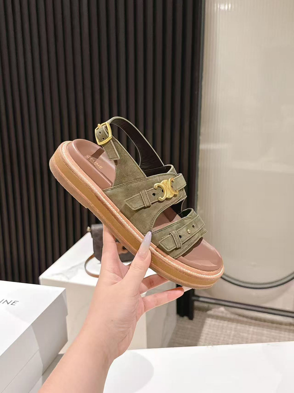 CELINE 25S TIPPI TRIOMPHE SANDAL IN DARK OLIVE CALFSKIN SUEDE