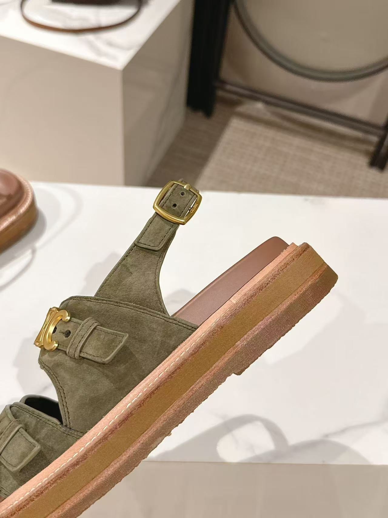 CELINE 25S TIPPI TRIOMPHE SANDAL IN DARK OLIVE CALFSKIN SUEDE