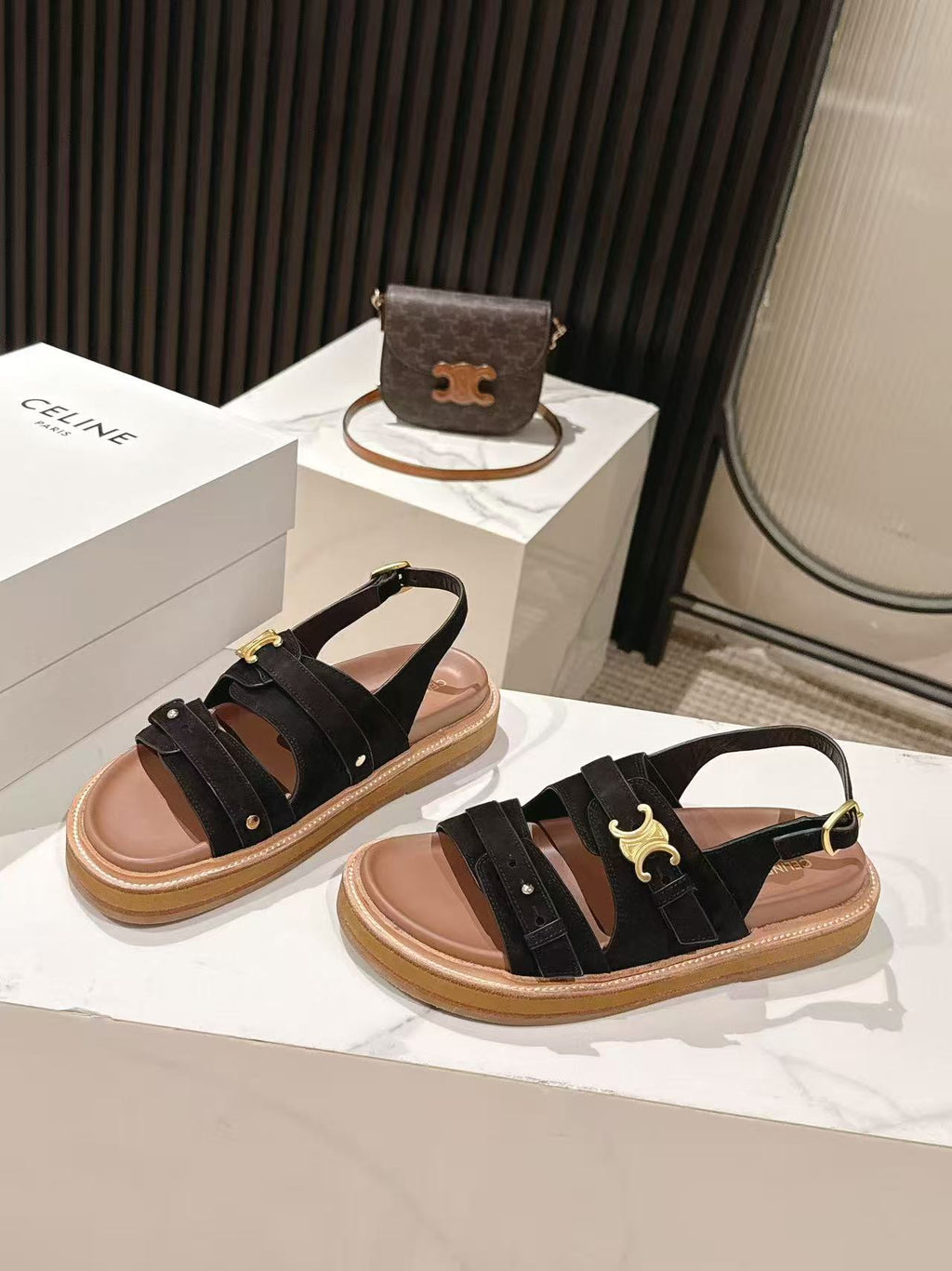 CELINE 25S TIPPI TRIOMPHE SANDAL IN BLACK CALFSKIN SUEDE