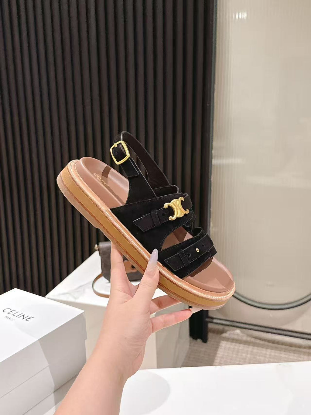 CELINE 25S TIPPI TRIOMPHE SANDAL IN BLACK CALFSKIN SUEDE