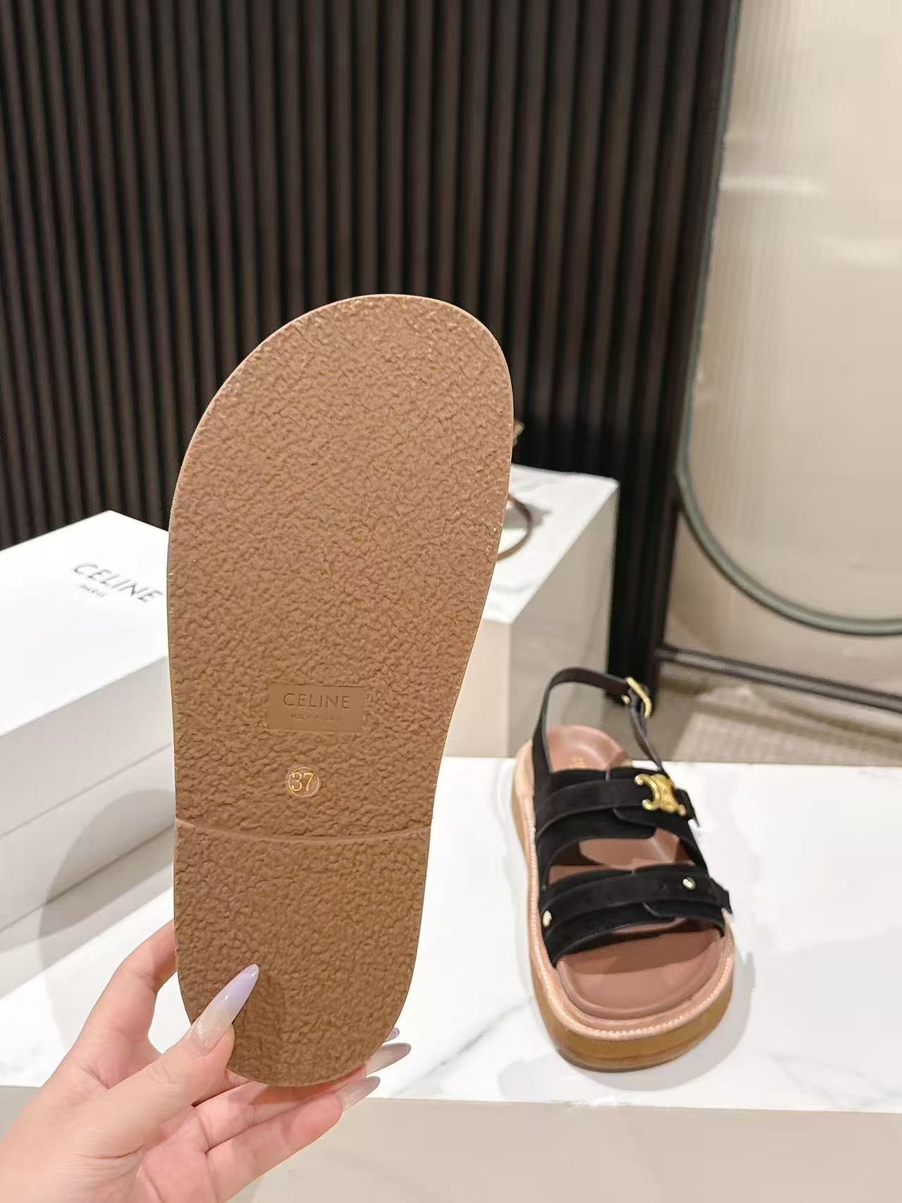 CELINE 25S TIPPI TRIOMPHE SANDAL IN BLACK CALFSKIN SUEDE