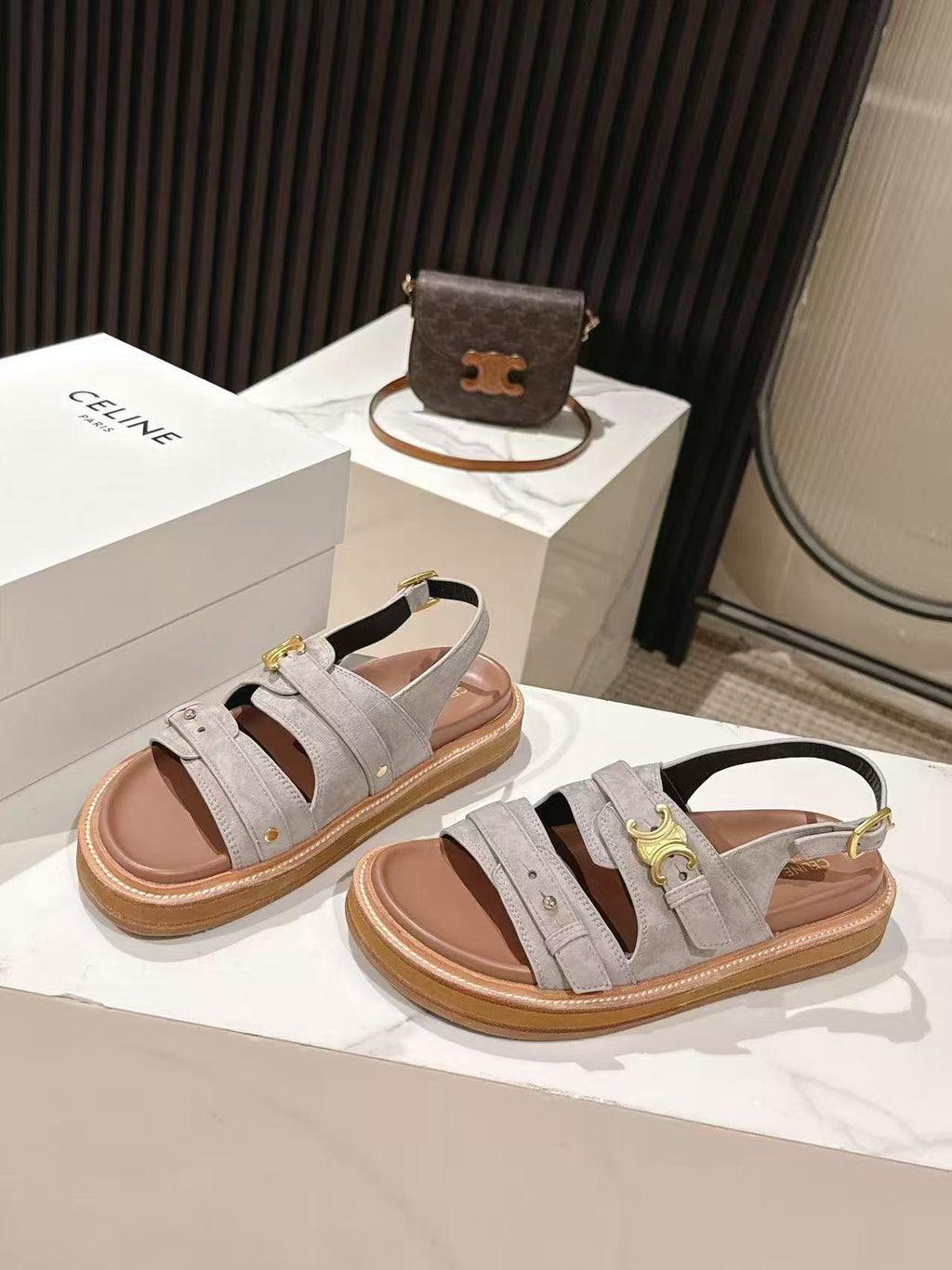 CELINE 25S TIPPI TRIOMPHE SANDAL IN LIGHT GRAY CALFSKIN SUEDE