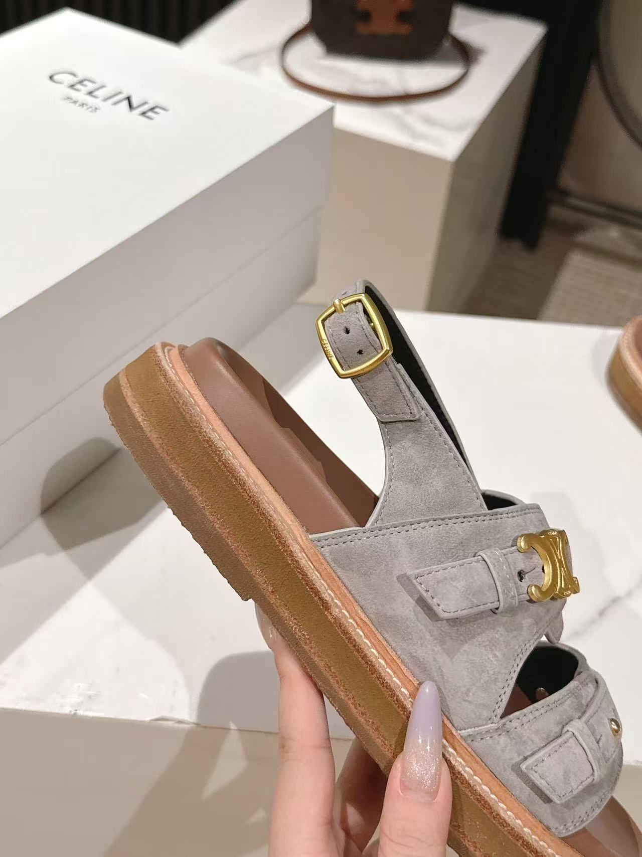 CELINE 25S TIPPI TRIOMPHE SANDAL IN LIGHT GRAY CALFSKIN SUEDE