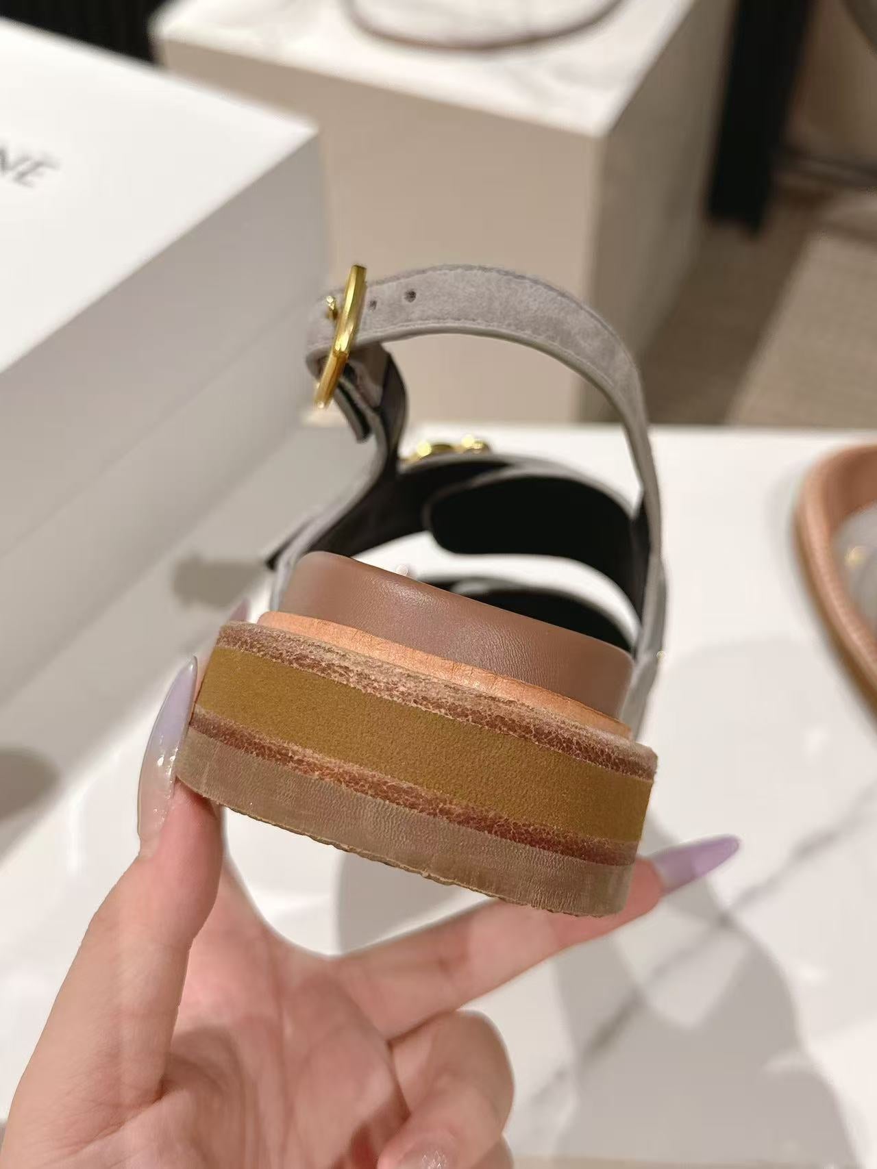 CELINE 25S TIPPI TRIOMPHE SANDAL IN LIGHT GRAY CALFSKIN SUEDE