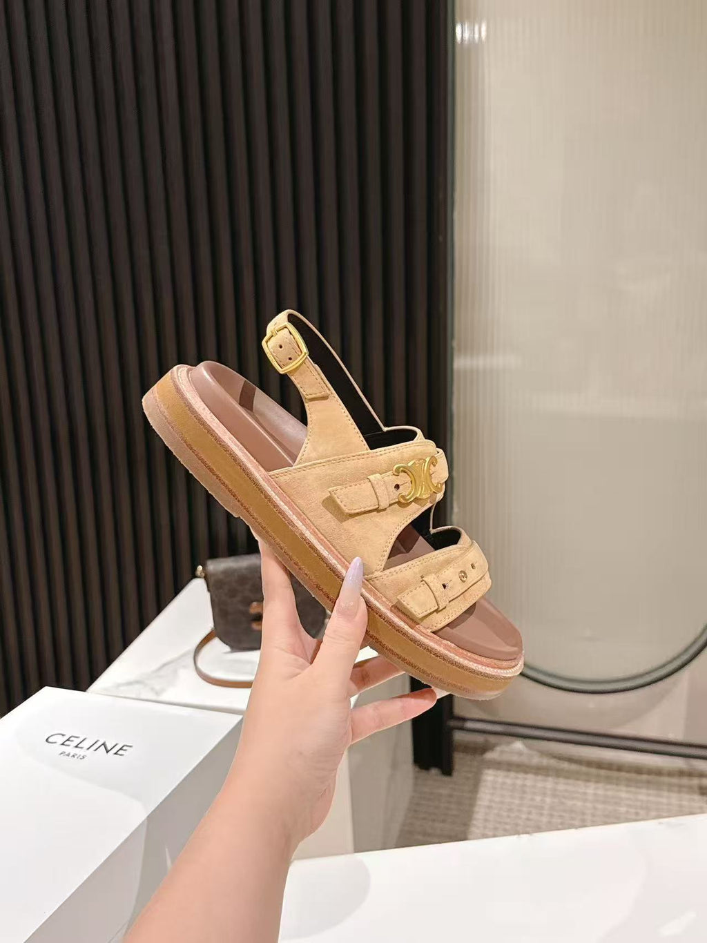 CELINE 25S TIPPI TRIOMPHE SANDAL IN LIGHT BROWN CALFSKIN SUEDE