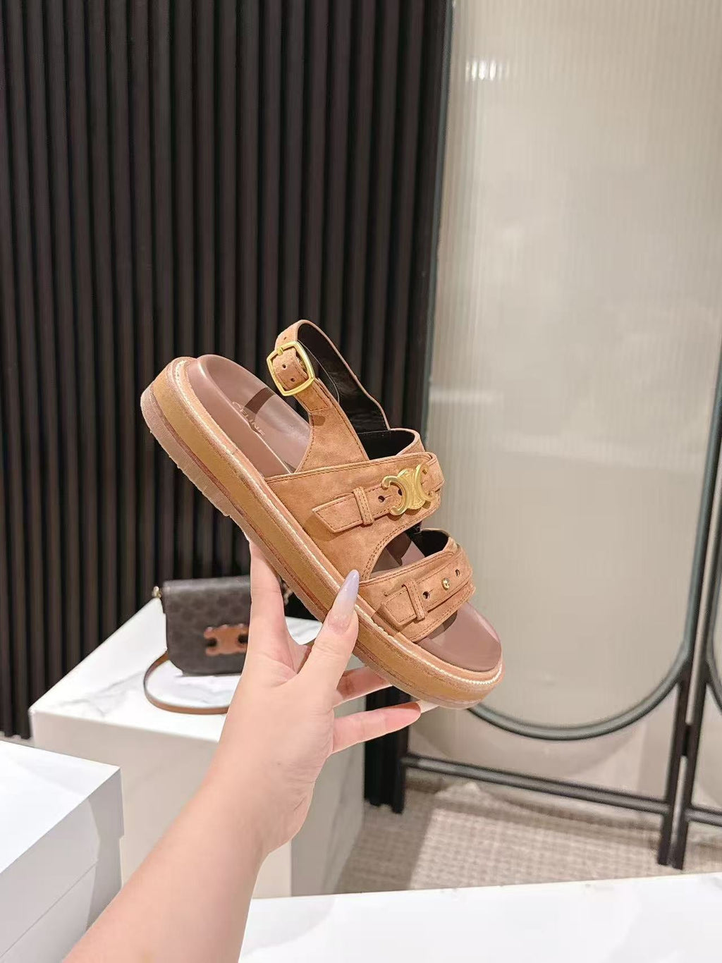 CELINE 25S TIPPI TRIOMPHE SANDAL IN BROWN CALFSKIN SUEDE