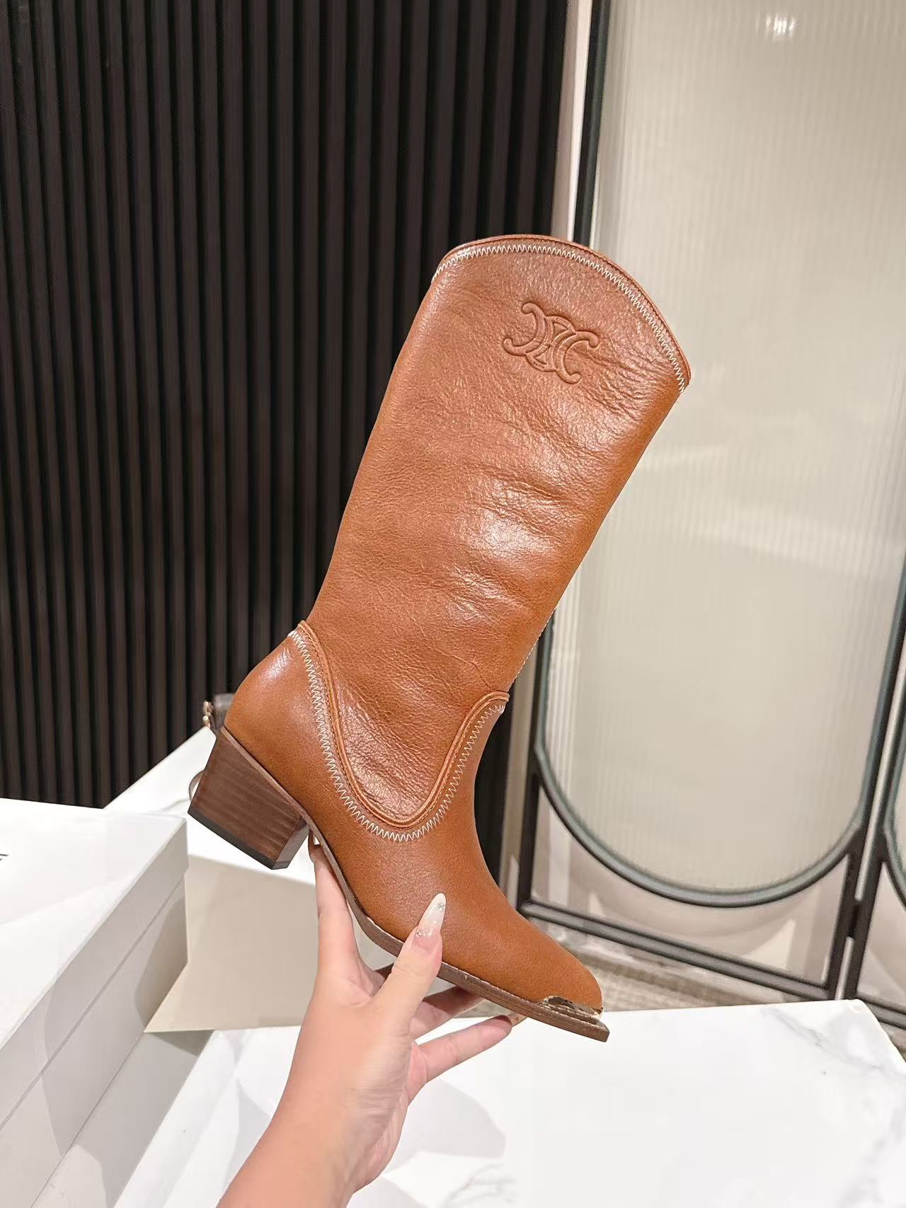 CELINE 25S HIGH BOOTS FOR FALL AND WINTER 45MM IN BURNT ORANGE CALFSKIN