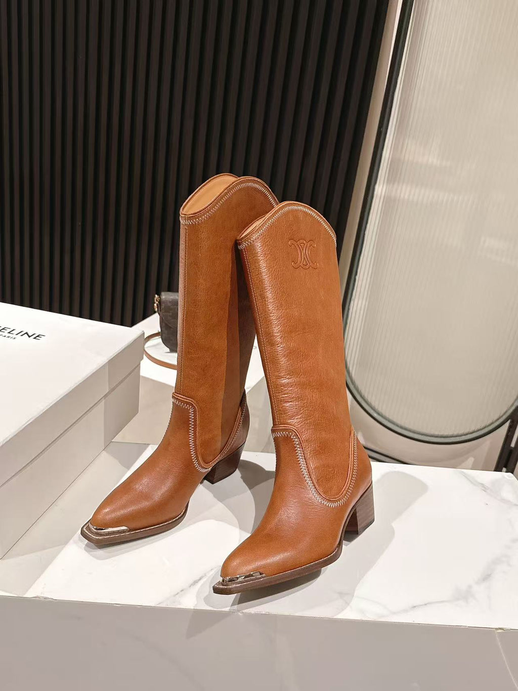 CELINE 25S HIGH BOOTS FOR FALL AND WINTER 45MM IN BURNT ORANGE CALFSKIN