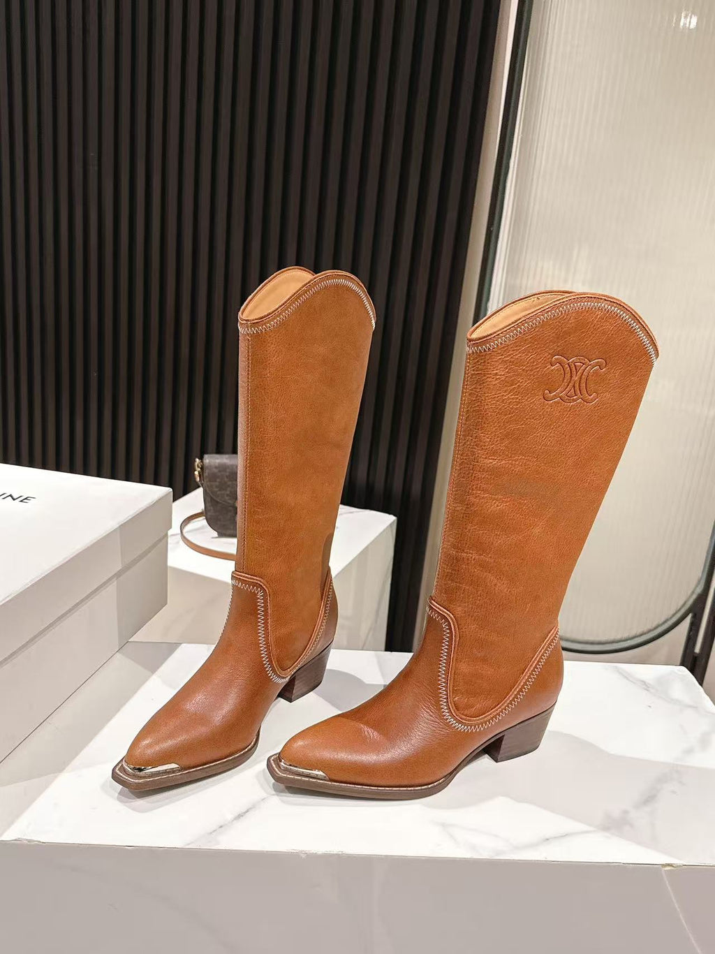 CELINE 25S HIGH BOOTS FOR FALL AND WINTER 45MM IN BURNT ORANGE CALFSKIN