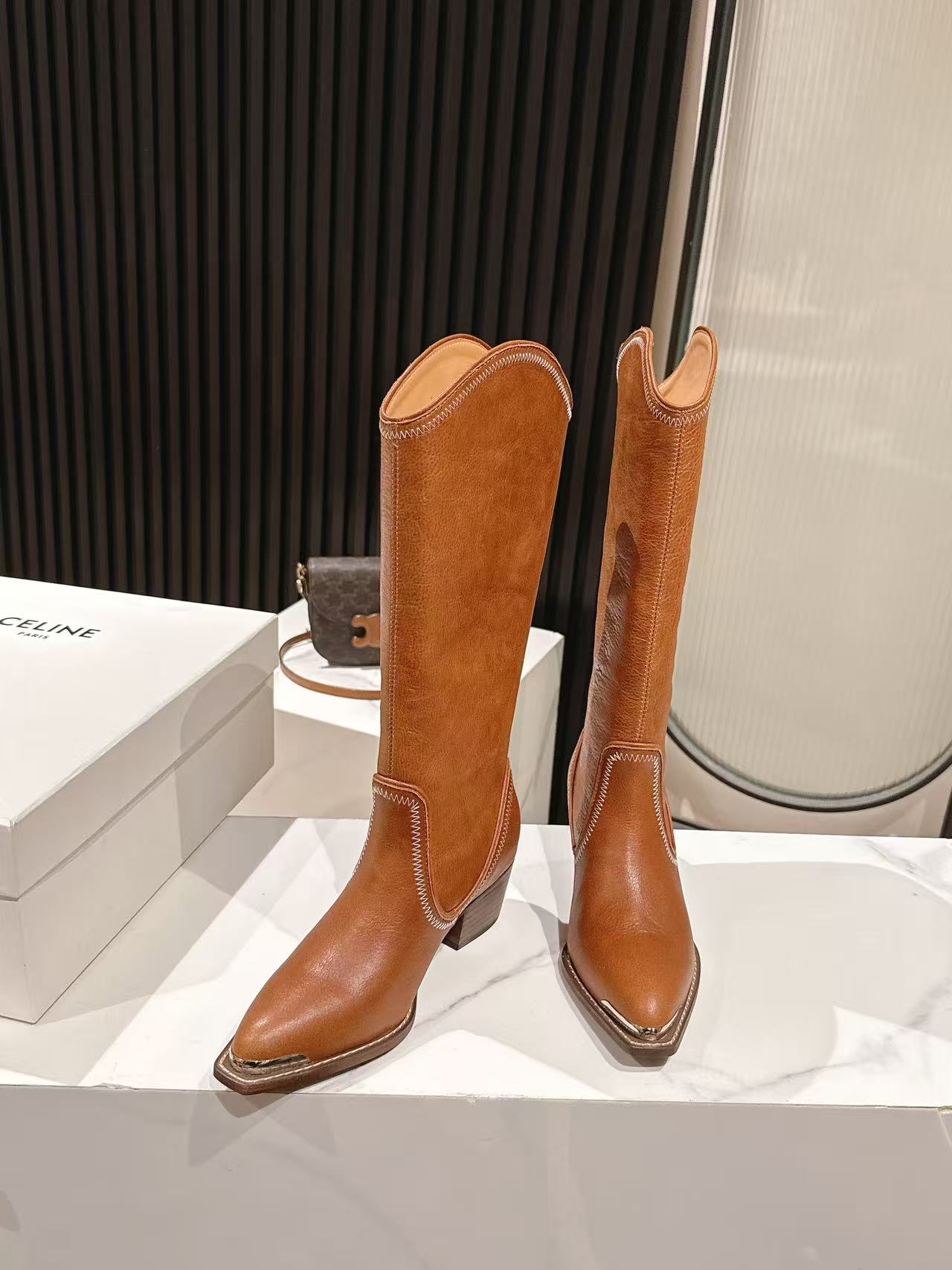 CELINE 25S HIGH BOOTS FOR FALL AND WINTER 45MM IN BURNT ORANGE CALFSKIN