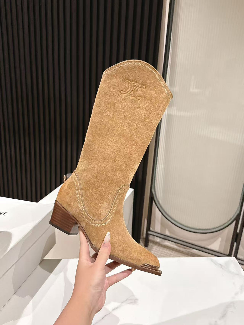 CELINE 25S HIGH BOOTS FOR FALL AND WINTER 45MM IN LIGHT BROWN SUEDE