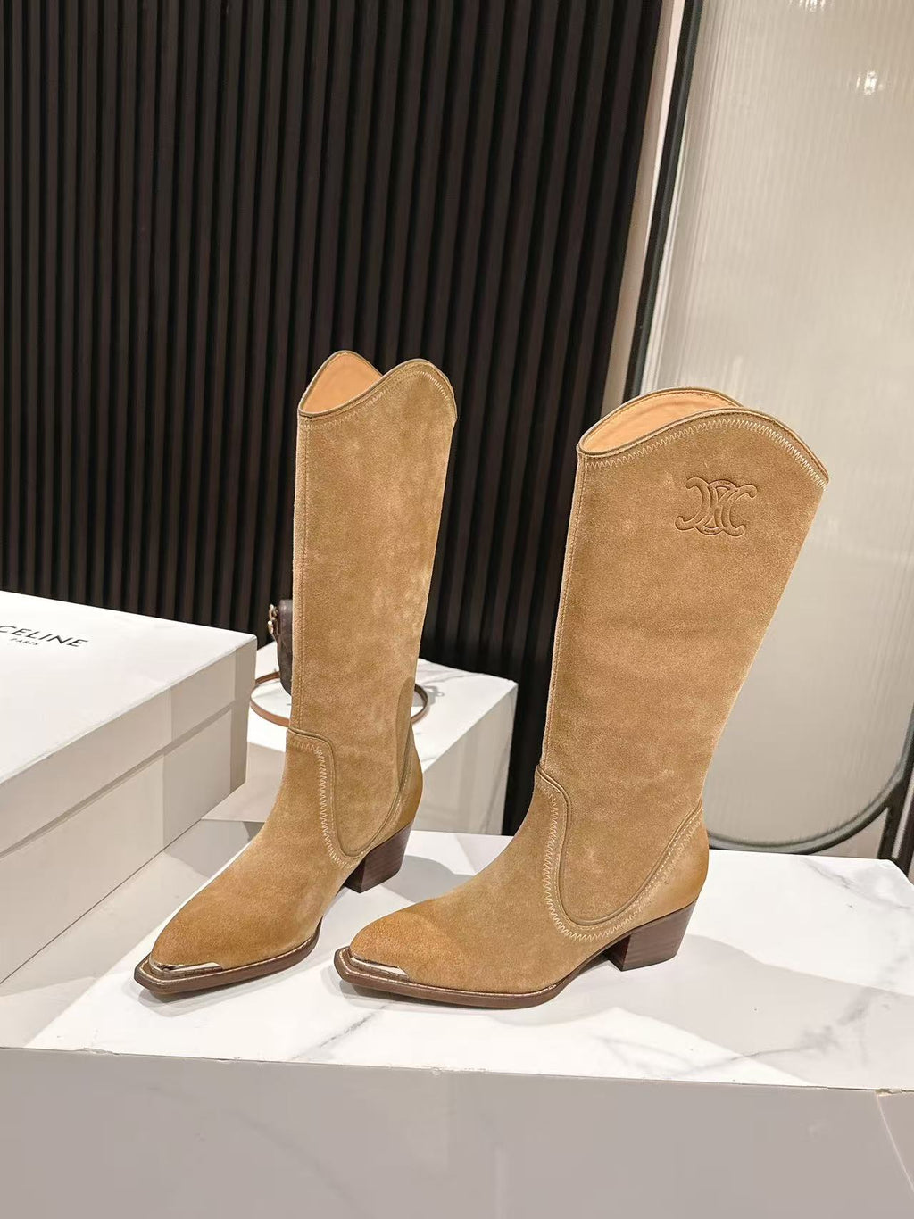 CELINE 25S HIGH BOOTS FOR FALL AND WINTER 45MM IN LIGHT BROWN SUEDE