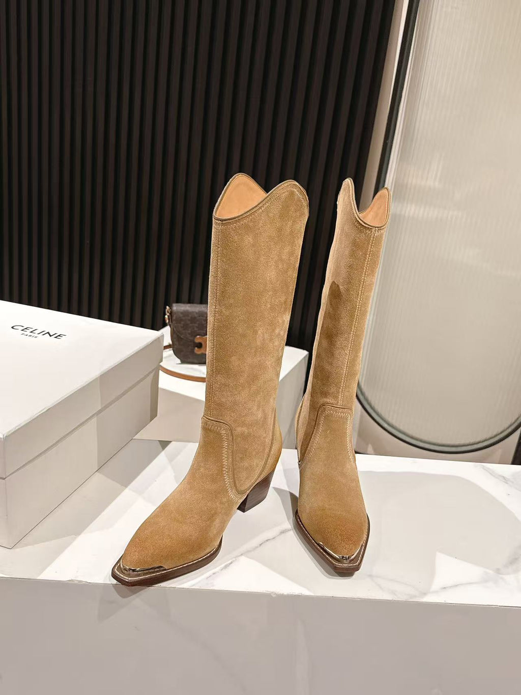 CELINE 25S HIGH BOOTS FOR FALL AND WINTER 45MM IN LIGHT BROWN SUEDE