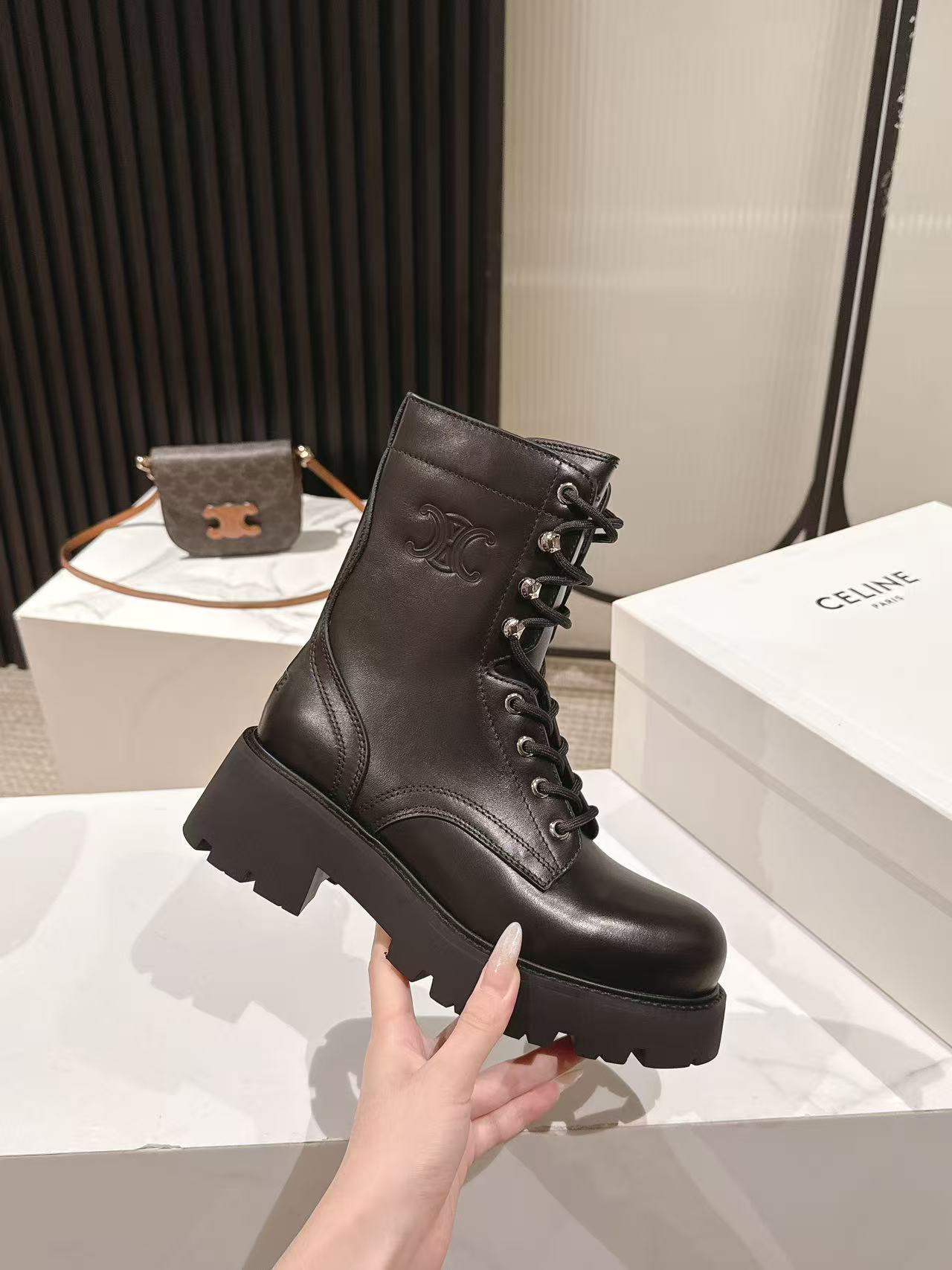 CELINE 25S HIGH HEELED LACE UP BOOTS 50MM IN BLACK CALFSKIN