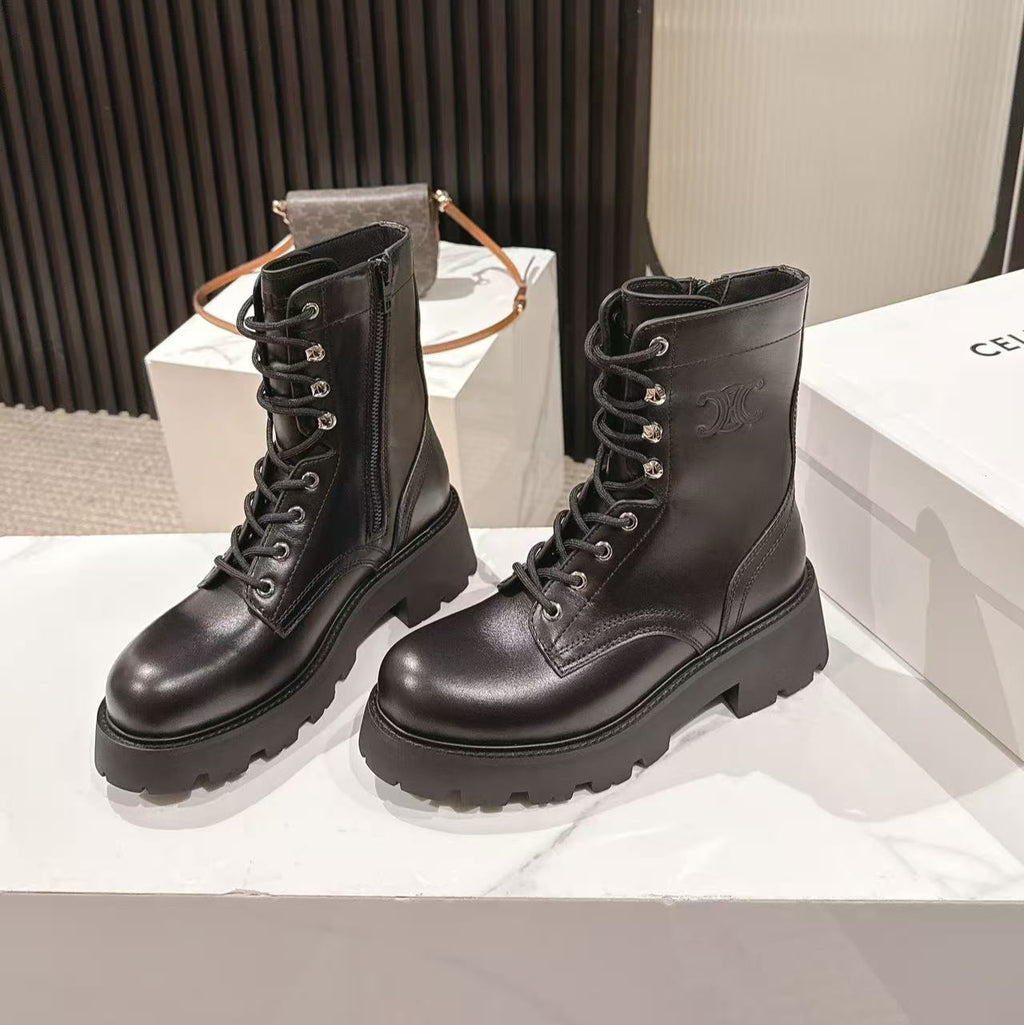 CELINE 25S HIGH HEELED LACE UP BOOTS 50MM IN BLACK CALFSKIN