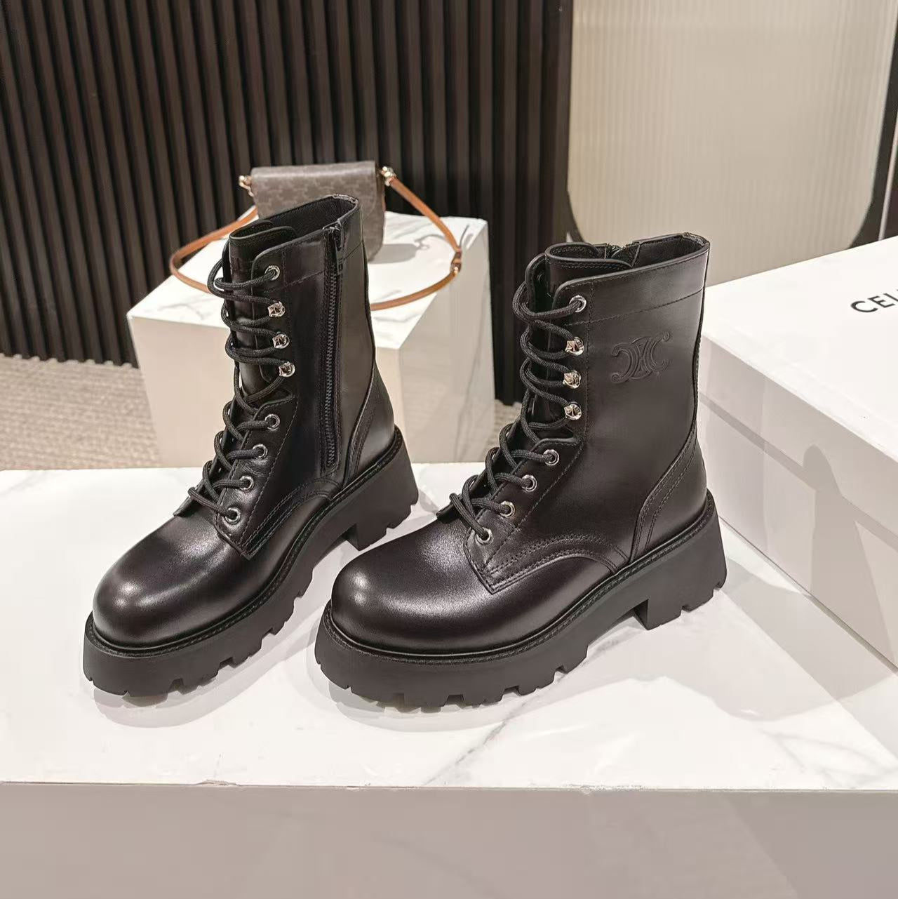 CELINE 25S HIGH HEELED LACE UP BOOTS 50MM IN BLACK CALFSKIN