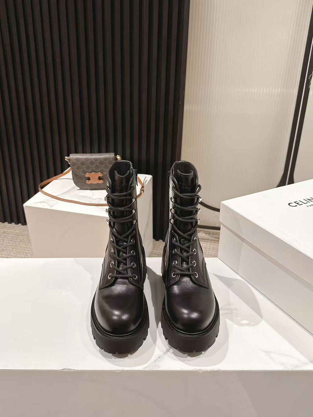 CELINE 25S HIGH HEELED LACE UP BOOTS 50MM IN BLACK CALFSKIN