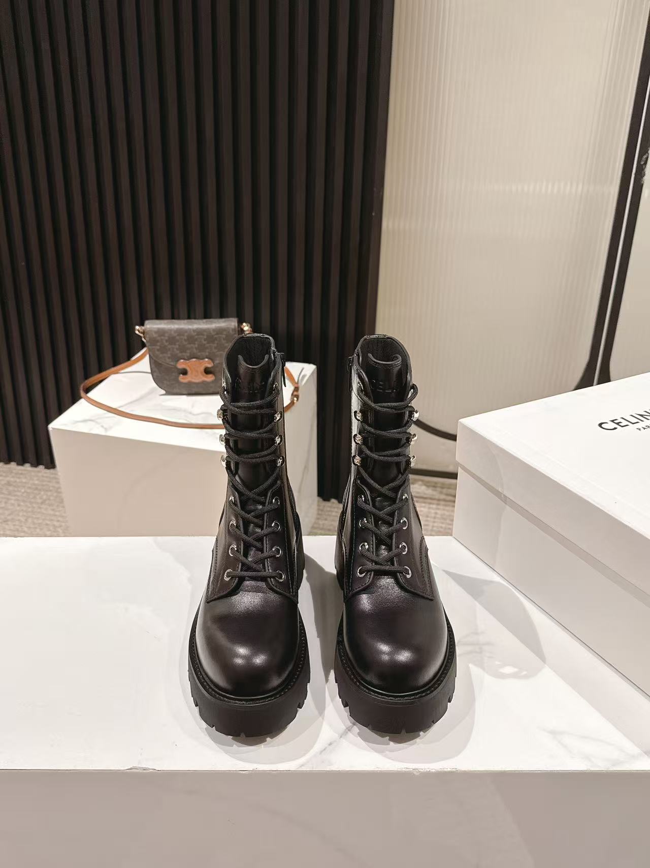 CELINE 25S HIGH HEELED LACE UP BOOTS 50MM IN BLACK CALFSKIN