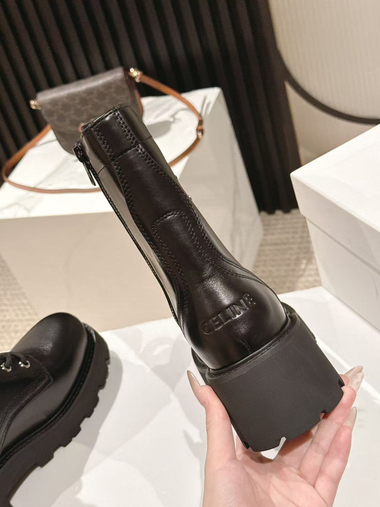 CELINE 25S HIGH HEELED LACE UP BOOTS 50MM IN BLACK CALFSKIN