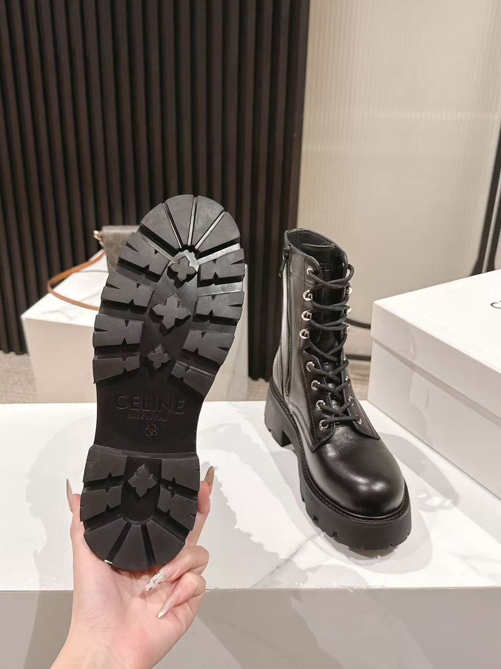 CELINE 25S HIGH HEELED LACE UP BOOTS 50MM IN BLACK CALFSKIN