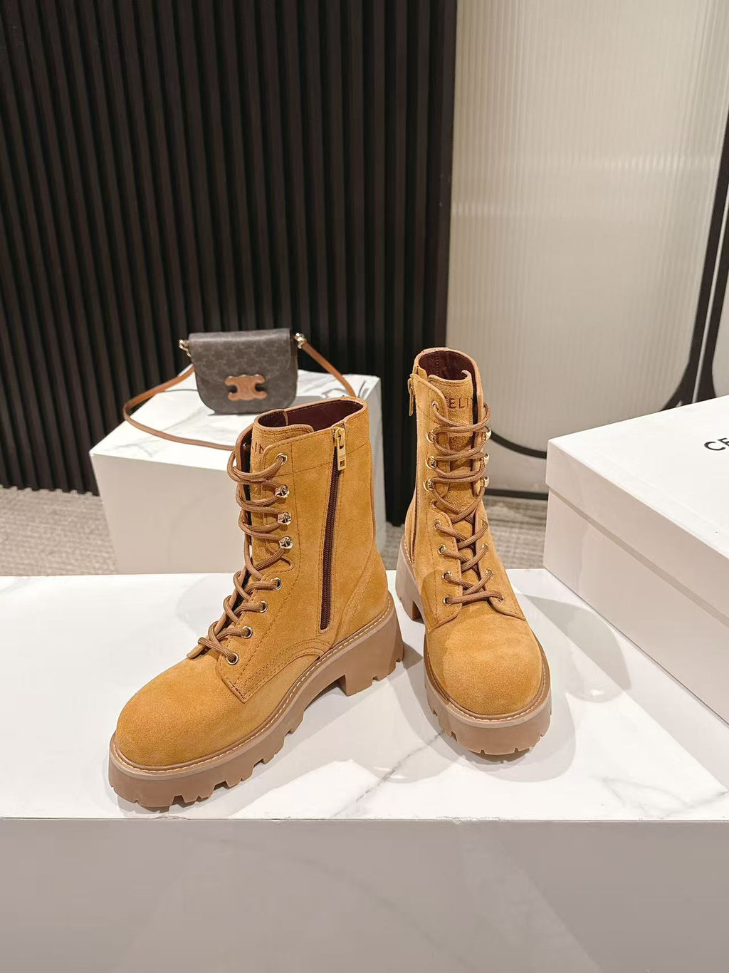 CELINE 25S HIGH HEELED LACE UP BOOTS 50MM IN DARK ORANGE SUEDE