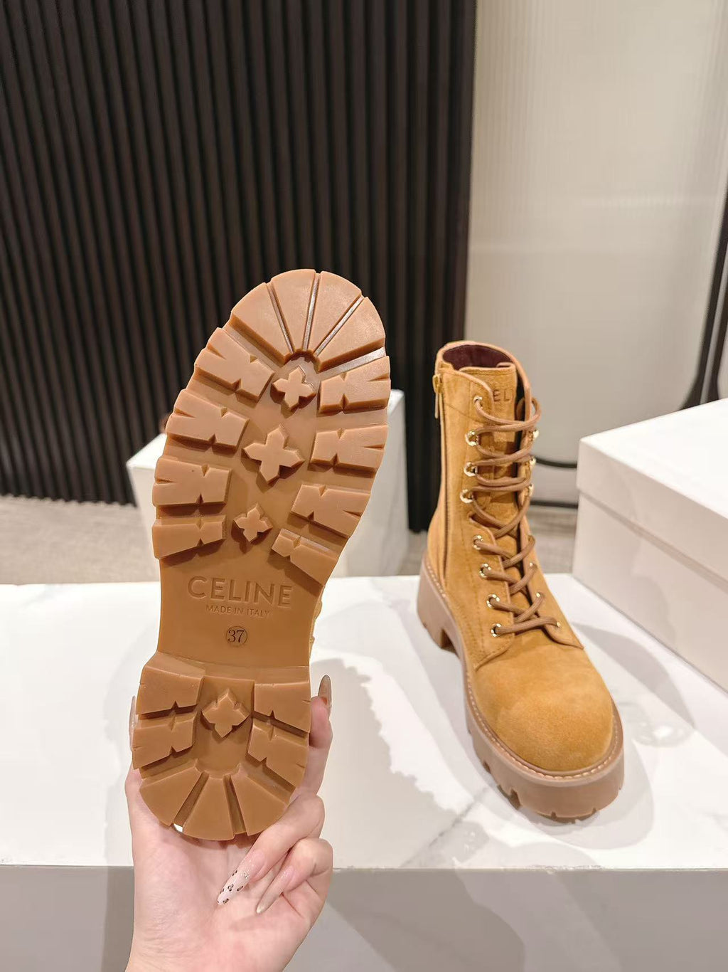 CELINE 25S HIGH HEELED LACE UP BOOTS 50MM IN DARK ORANGE SUEDE