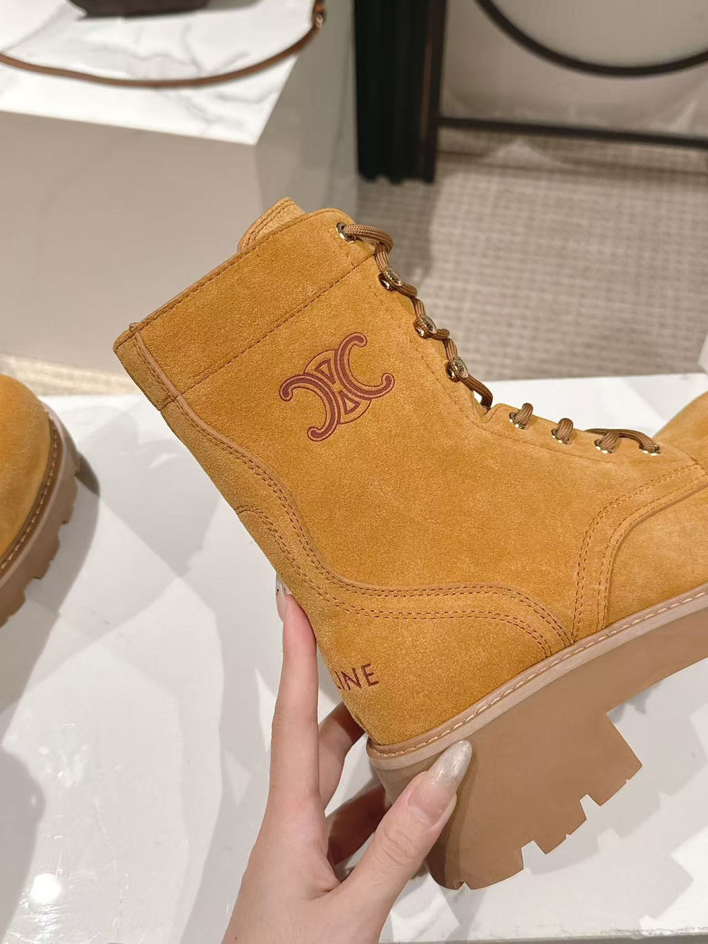 CELINE 25S HIGH HEELED LACE UP BOOTS 50MM IN DARK ORANGE SUEDE