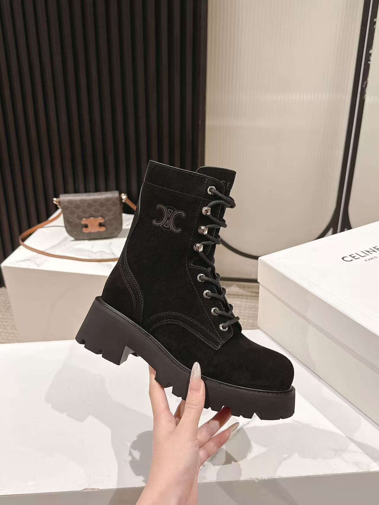 CELINE 25S HIGH HEELED LACE UP BOOTS 50MM IN BLACK SUEDE