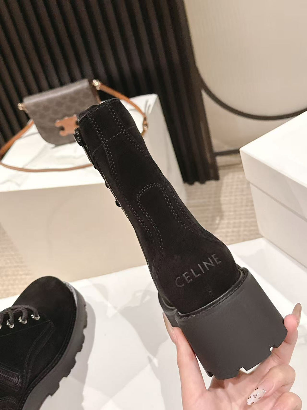 CELINE 25S HIGH HEELED LACE UP BOOTS 50MM IN BLACK SUEDE