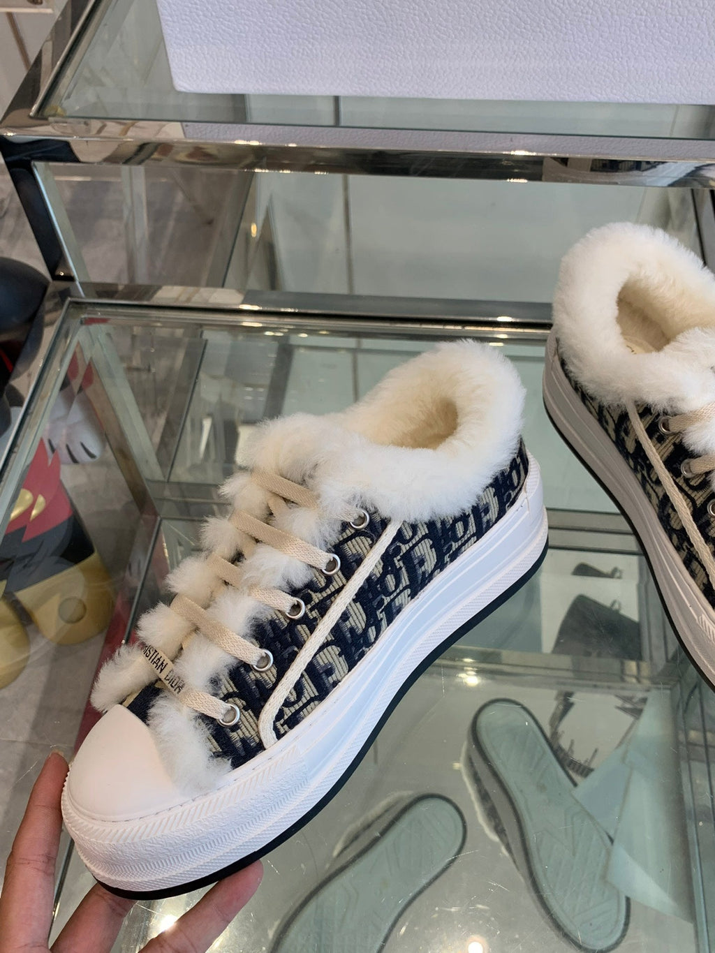 ALK'N PLATFORM SNEAKER CAMEL BROWN COTTON EMBROIDERED WITH OBLIQUE MOTIF AND WHITE SHEARLING