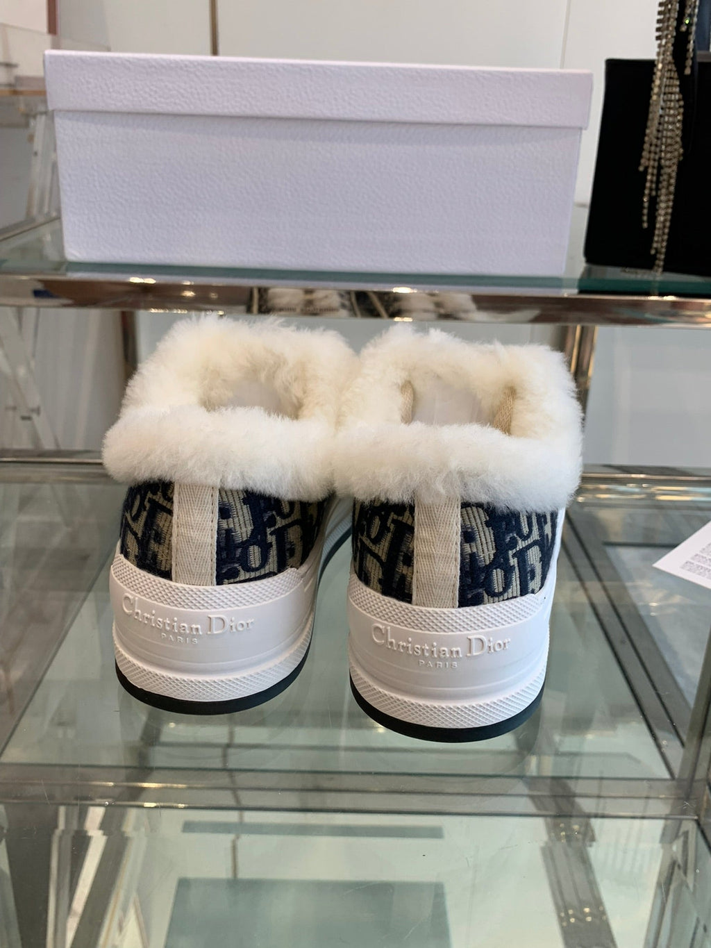 ALK'N PLATFORM SNEAKER CAMEL BROWN COTTON EMBROIDERED WITH OBLIQUE MOTIF AND WHITE SHEARLING