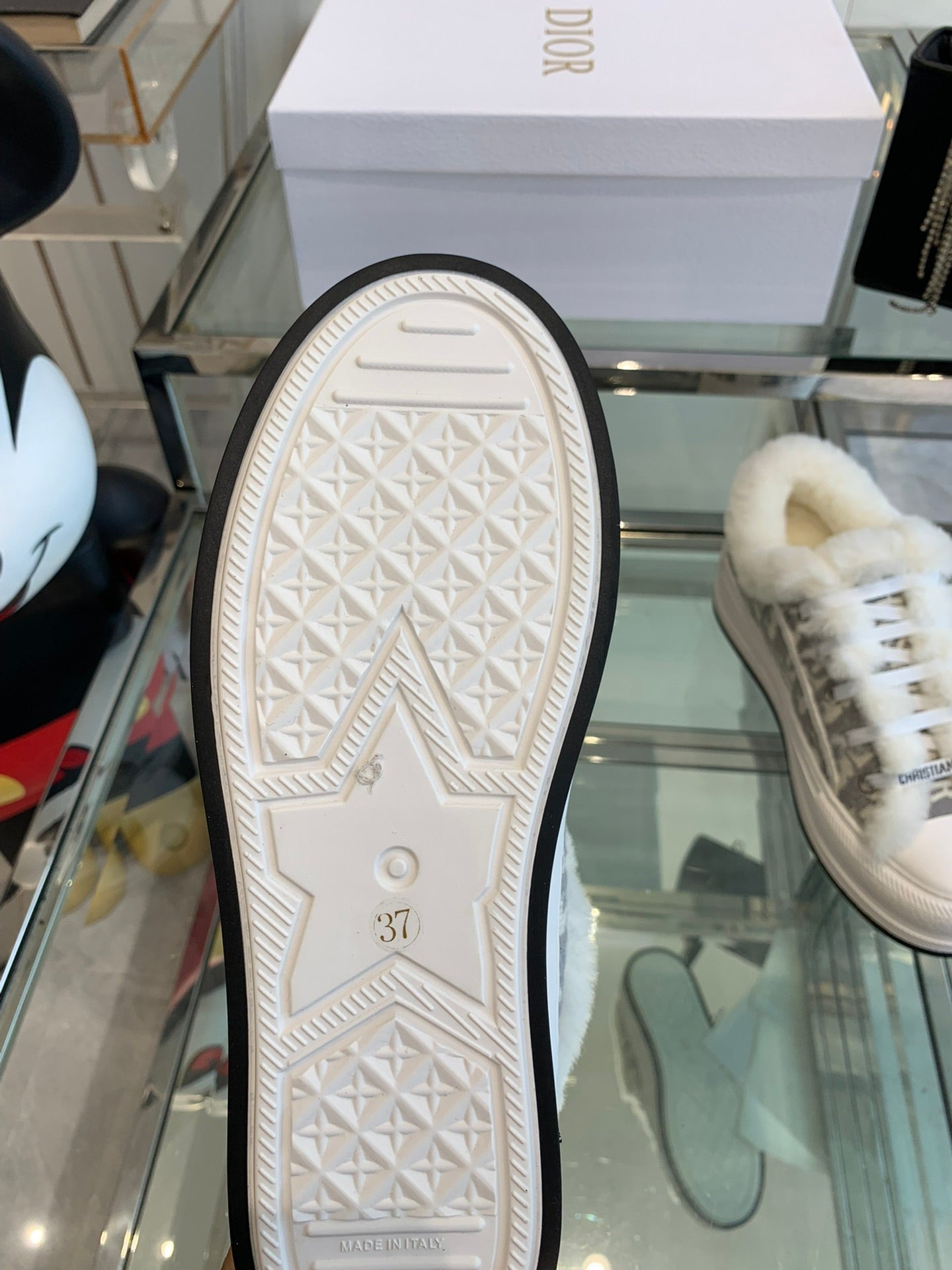 ALK'N PLATFORM SNEAKER PALE GRAY COTTON EMBROIDERED WITH OBLIQUE MOTIF AND WHITE SHEARLING