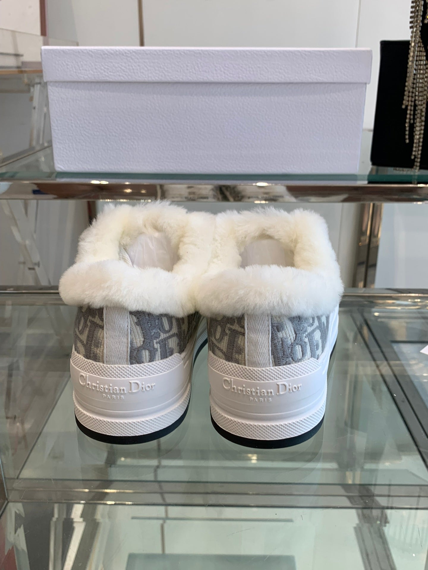 ALK'N PLATFORM SNEAKER PALE GRAY COTTON EMBROIDERED WITH OBLIQUE MOTIF AND WHITE SHEARLING