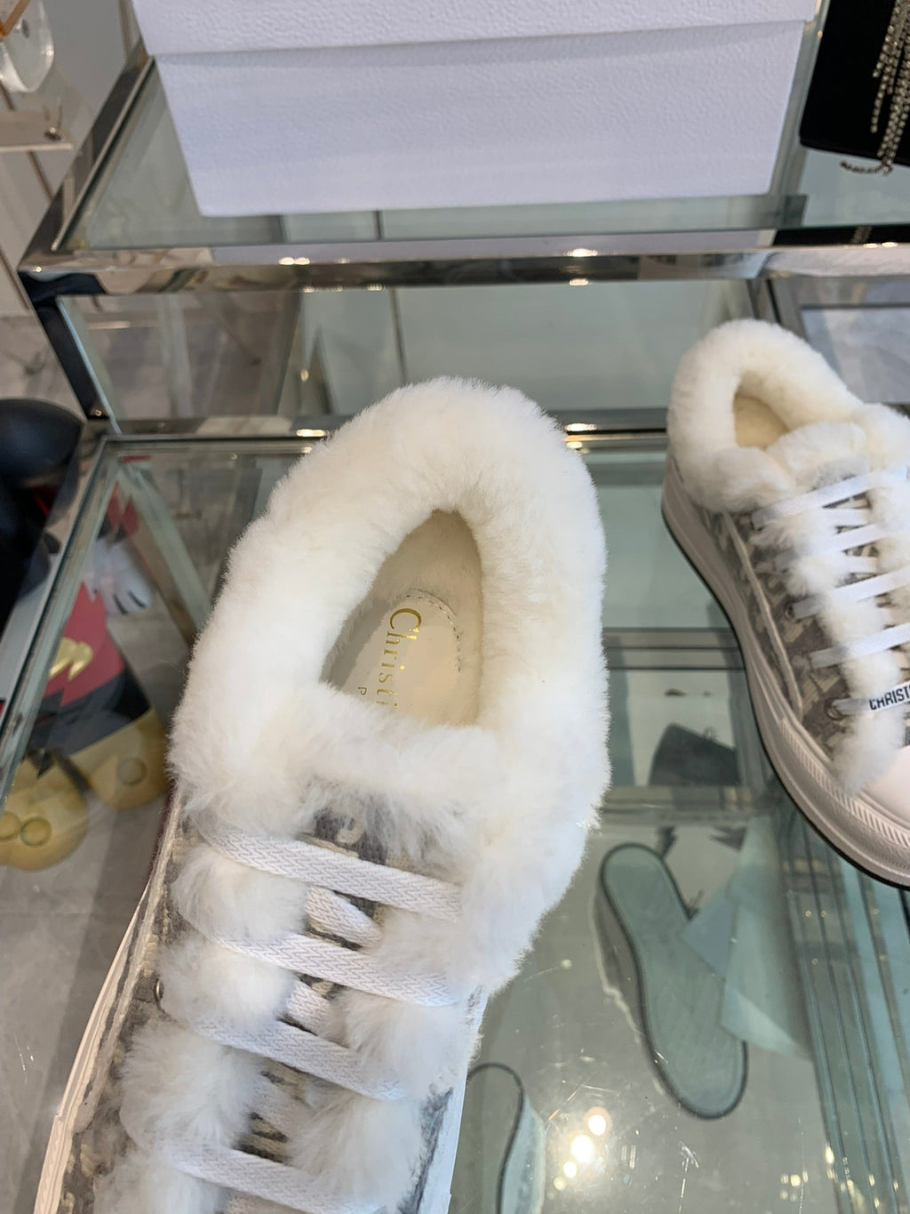 ALK'N PLATFORM SNEAKER PALE GRAY COTTON EMBROIDERED WITH OBLIQUE MOTIF AND WHITE SHEARLING