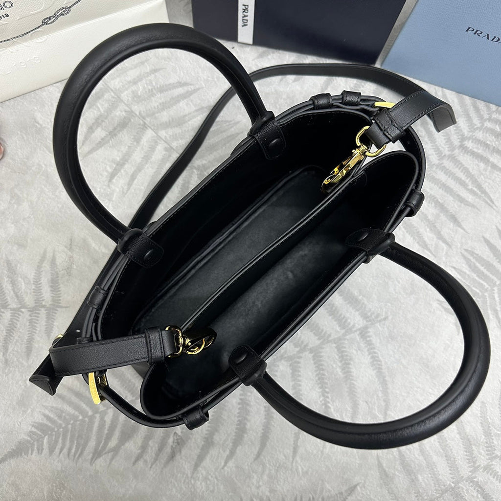 PRADA 25S BUCKLE MEDIUM HANDBAG 28 IN BLACK CALFSKIN GOLD HARDWRE