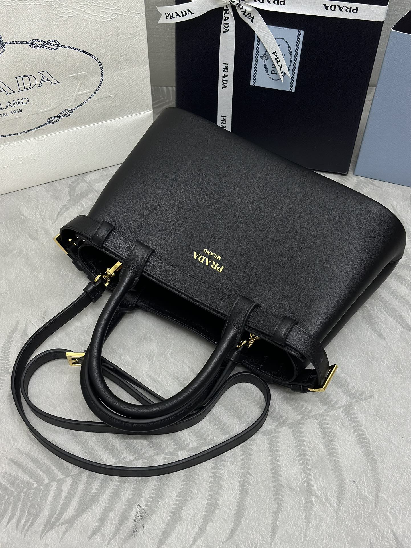PRADA 25S BUCKLE MEDIUM HANDBAG 28 IN BLACK CALFSKIN GOLD HARDWRE