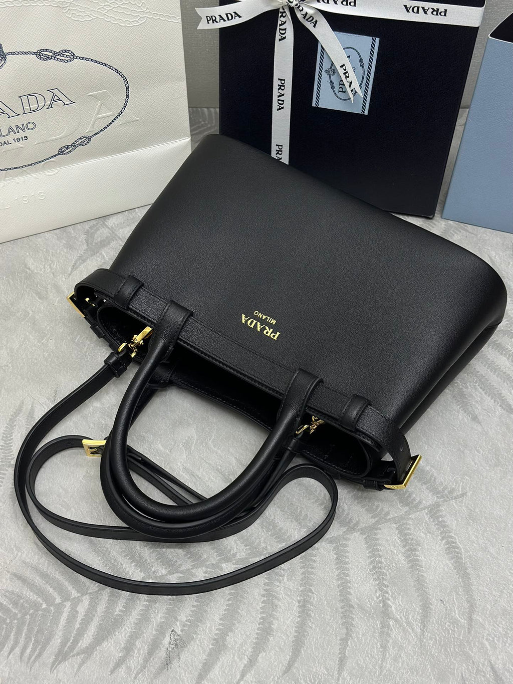 PRADA 25S BUCKLE MEDIUM HANDBAG 28 IN BLACK CALFSKIN GOLD HARDWARE