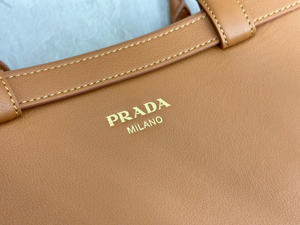 PRADA 25S BUCKLE MEDIUM HANDBAG 35 IN DARK CARAMEL CALFSKIN GOLD HARDWRE