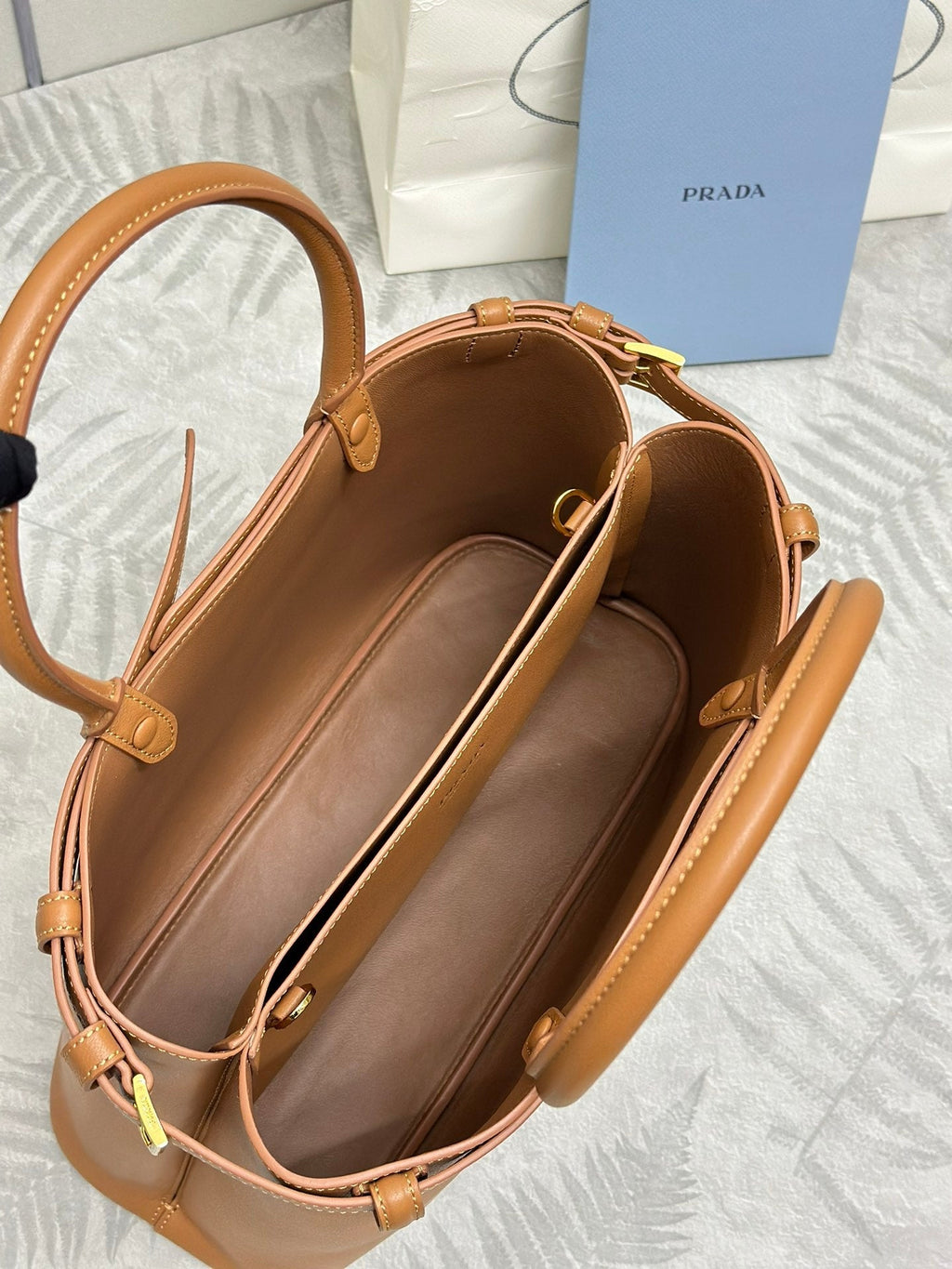 PRADA 25S BUCKLE MEDIUM HANDBAG 35 IN DARK CARAMEL CALFSKIN GOLD HARDWRE