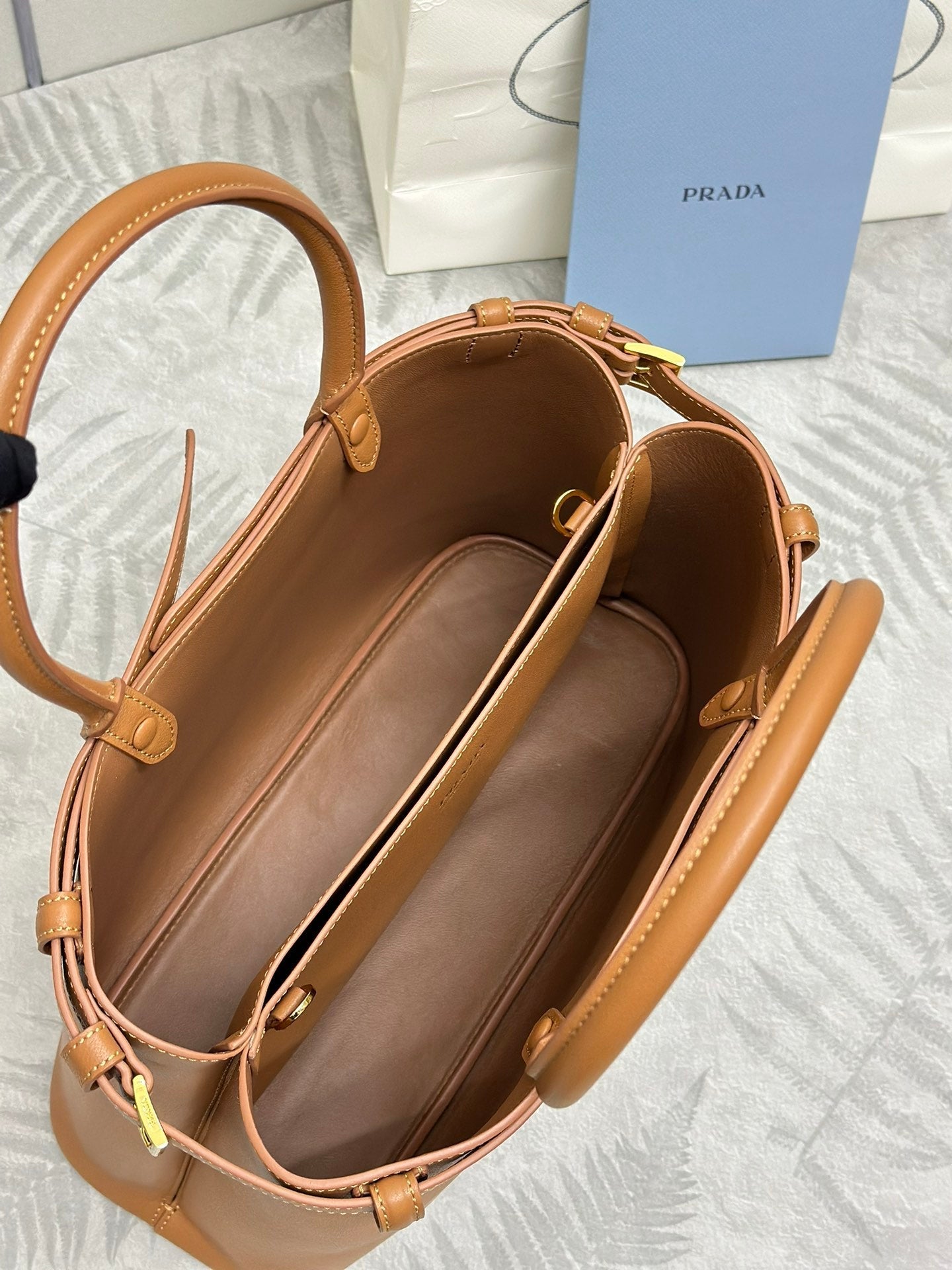 PRADA 25S BUCKLE MEDIUM HANDBAG 35 IN DARK CARAMEL CALFSKIN GOLD HARDWRE