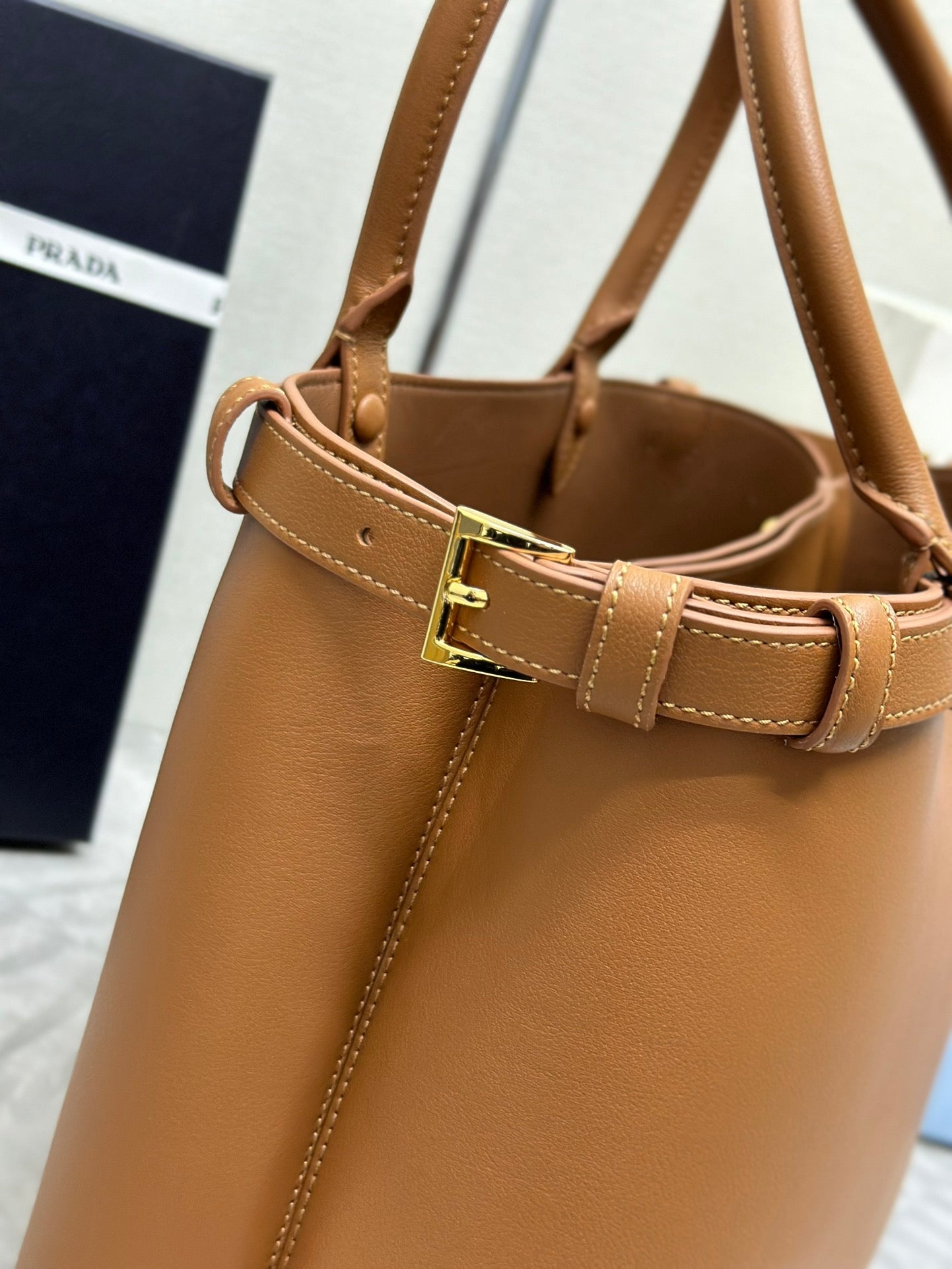 PRADA 25S BUCKLE MEDIUM HANDBAG 35 IN DARK CARAMEL CALFSKIN GOLD HARDWRE