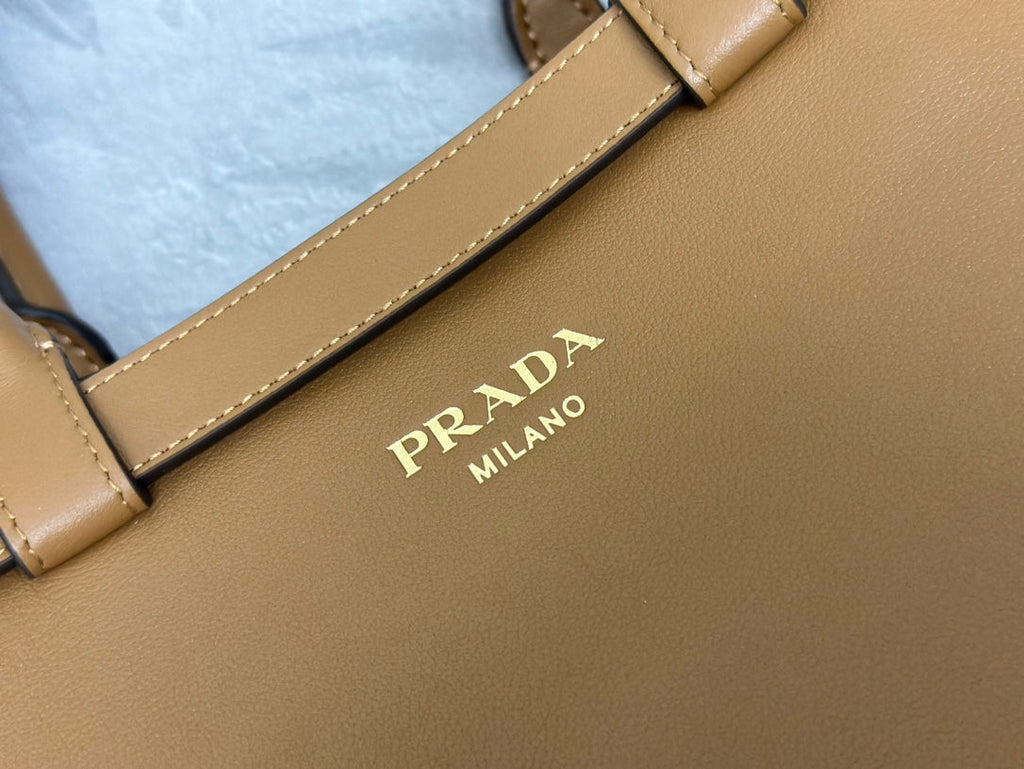 PRADA 25S BUCKLE MEDIUM HANDBAG 28 IN CARAMEL CALFSKIN GOLD HARDWARE
