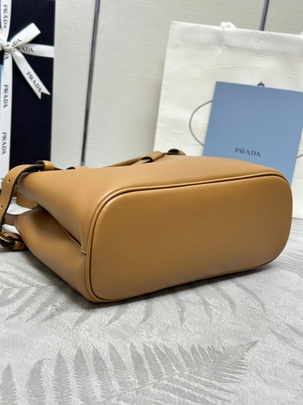 PRADA 25S BUCKLE MEDIUM HANDBAG 28 IN CARAMEL CALFSKIN GOLD HARDWARE