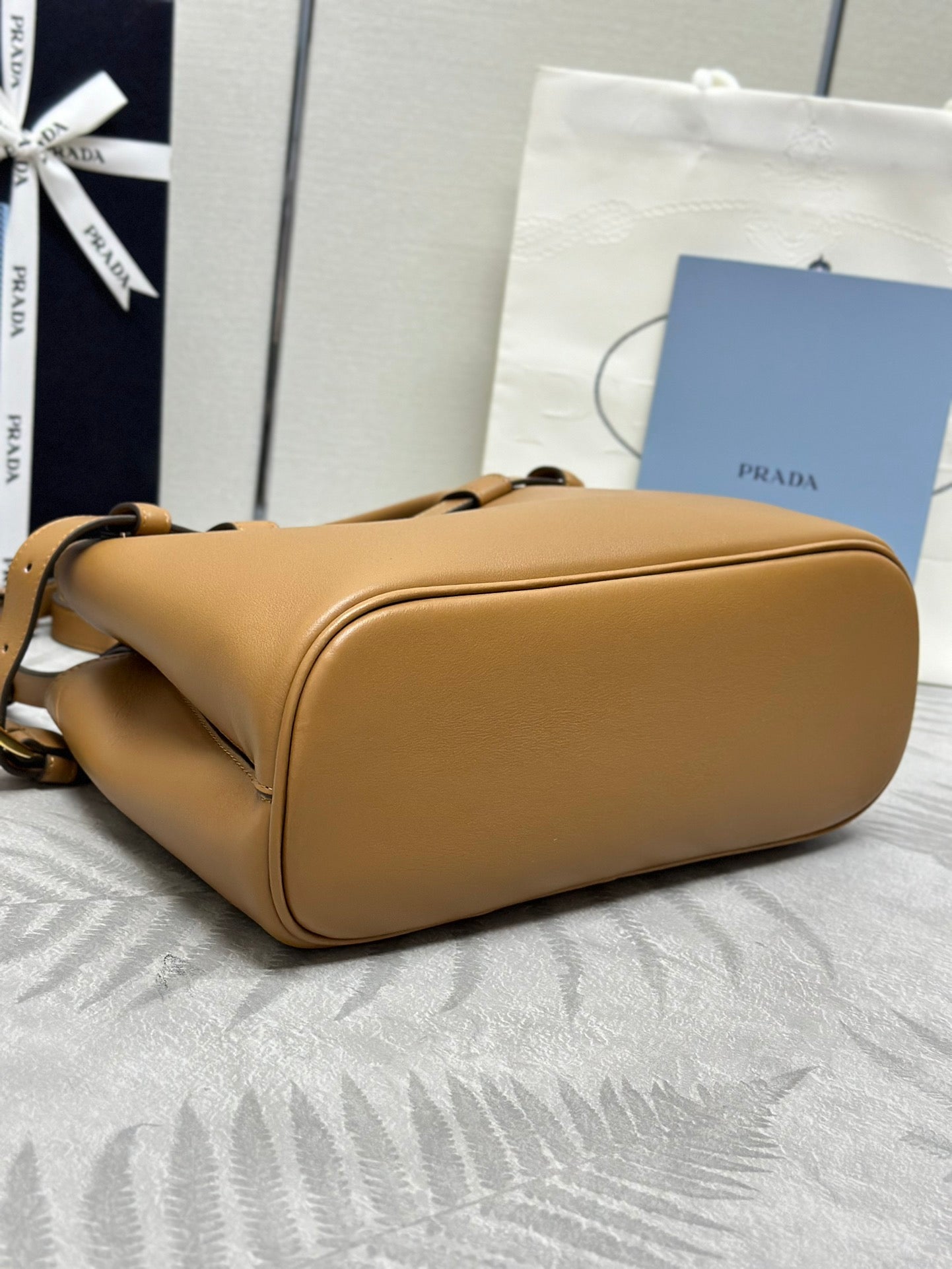 PRADA 25S BUCKLE MEDIUM HANDBAG 28 IN CARAMEL CALFSKIN GOLD HARDWARE