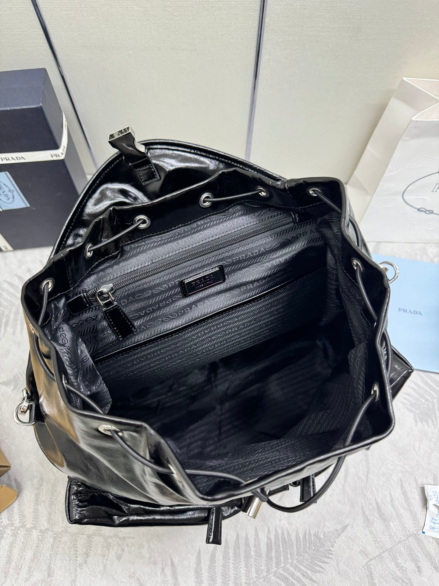 PRADA 25S BACKPACK 45 IN BLACK GLOSSY CALFSKIN SILVER HARDWRE