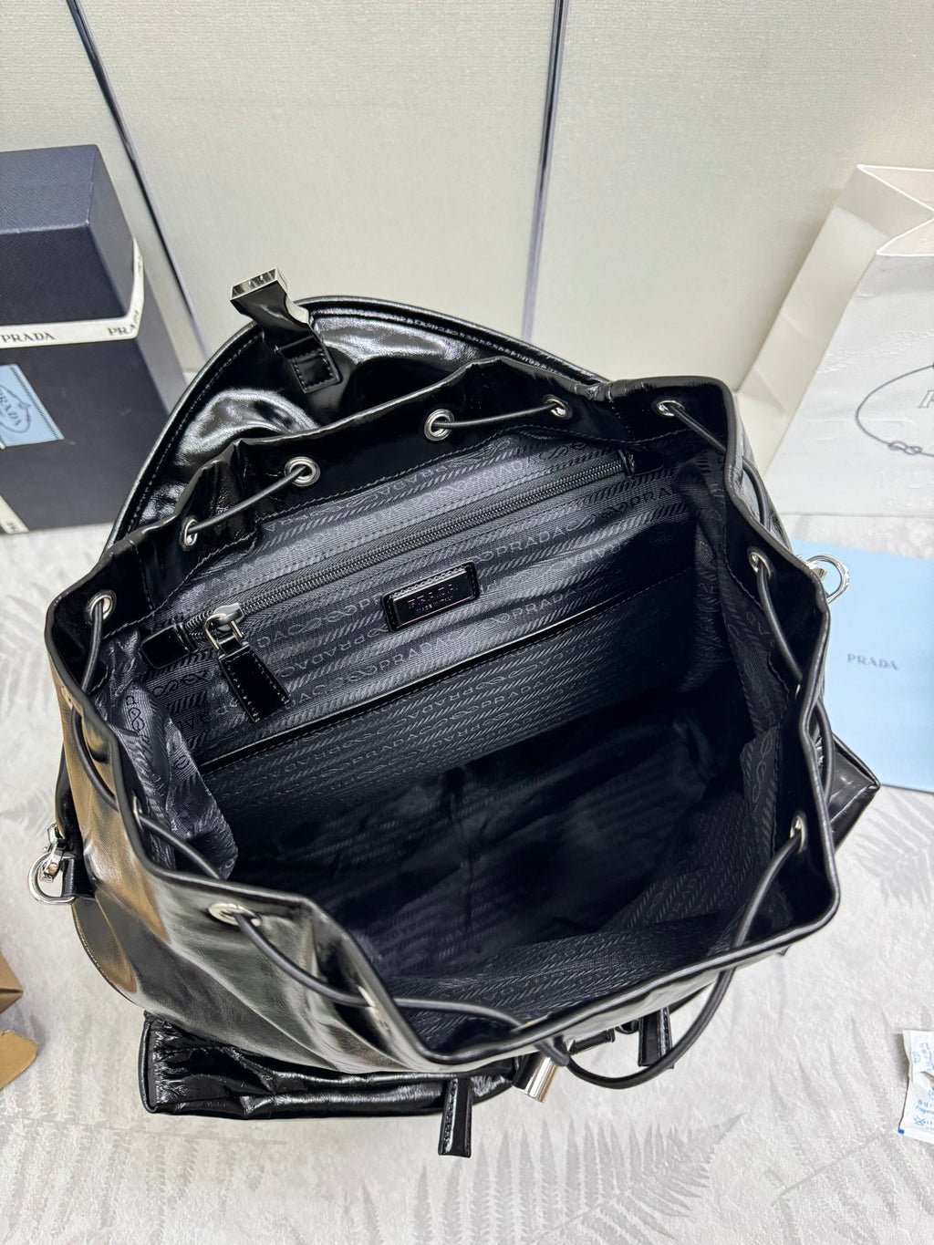 PRADA 25S BACKPACK 45 IN BLACK GLOSSY CALFSKIN SILVER HARDWARE