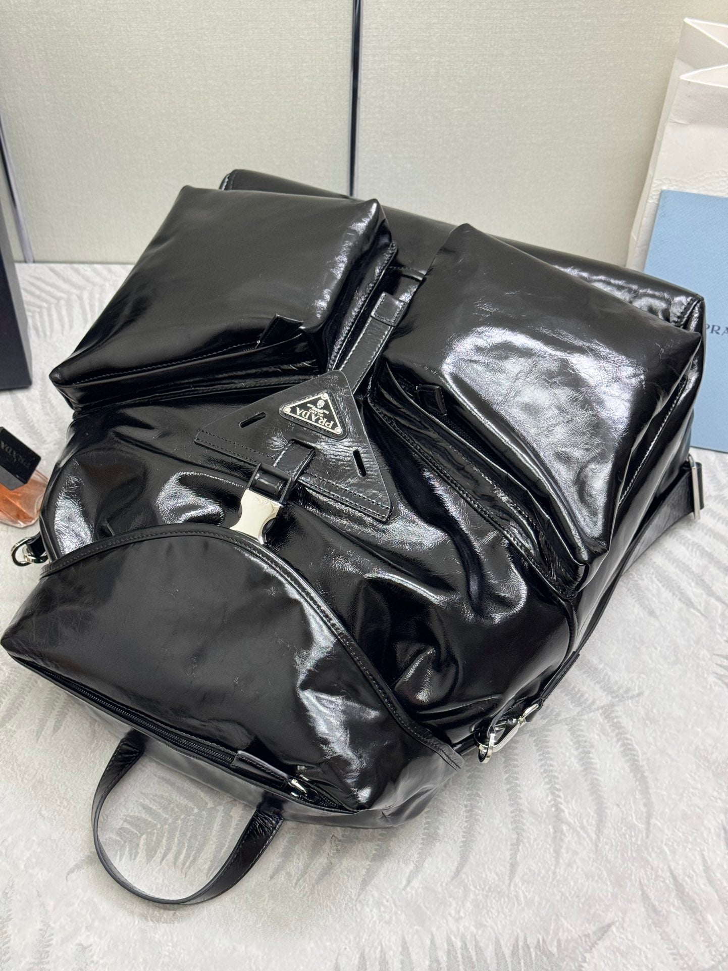 PRADA 25S BACKPACK 45 IN BLACK GLOSSY CALFSKIN SILVER HARDWARE