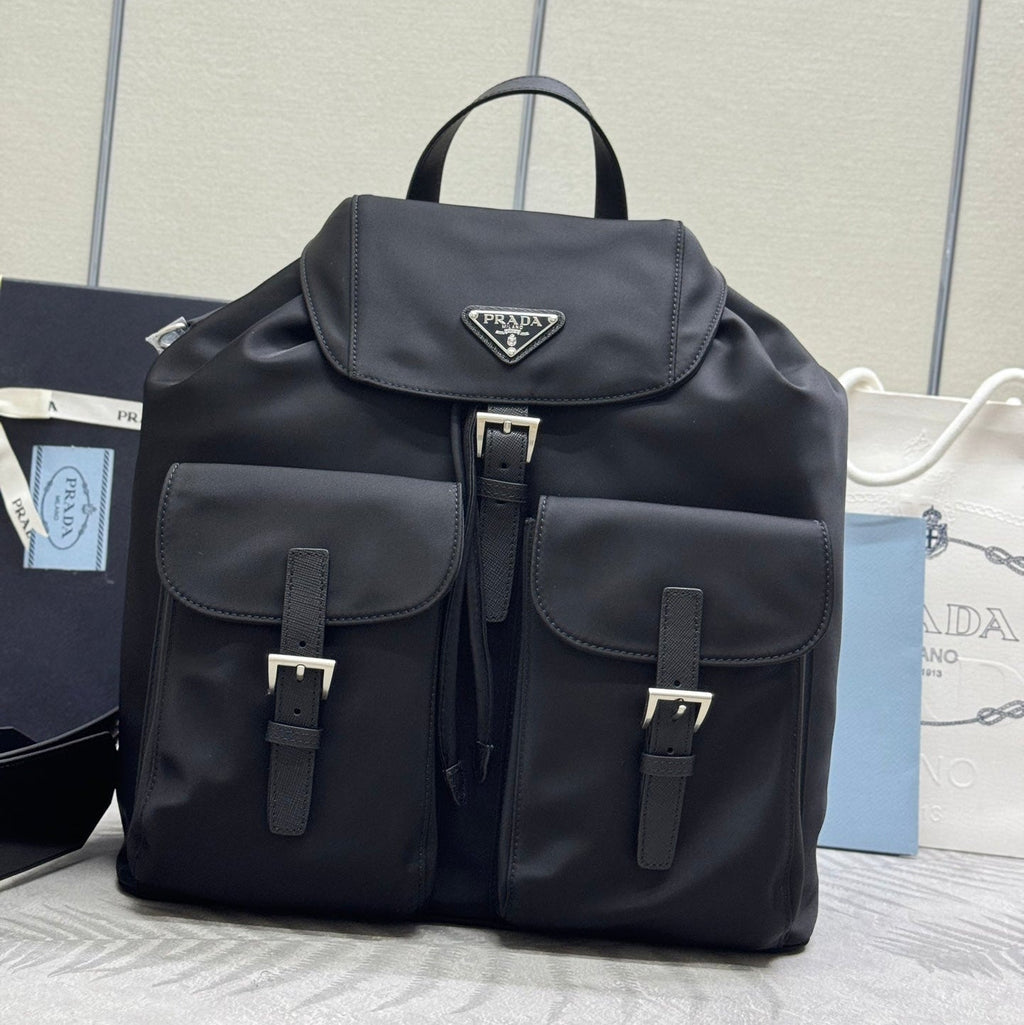 PRADA 25S MEDIUM RE-NYLON BACKPACK 39 IN BLACK WITH POUCH